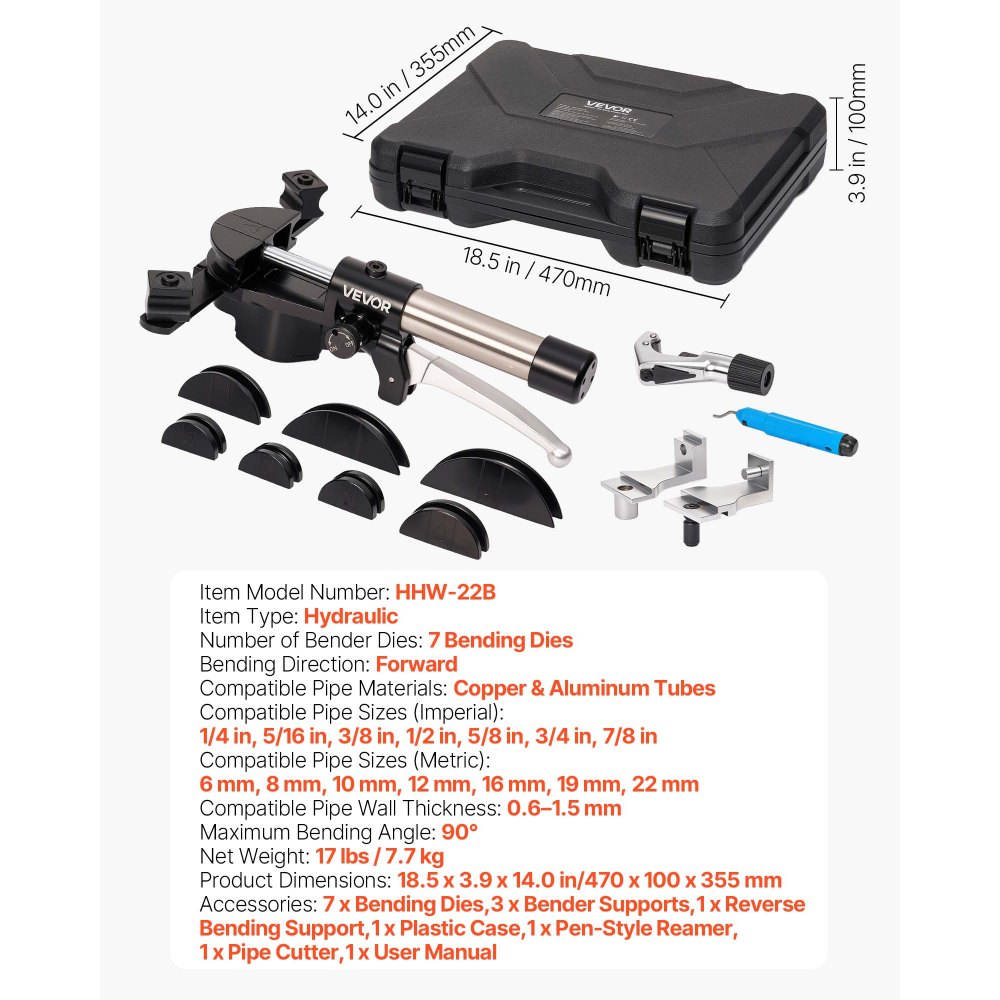 VEVOR Hydraulic Tubing Bender Kit, 6 mm to 22 mm, Copper Tube Pipe Bender, Forward/Reverse HVAC Bending Tool Set, with 7 Aluminium Alloy Dies, for HVAC Air Conditioning Refrigeration Automotive Repair