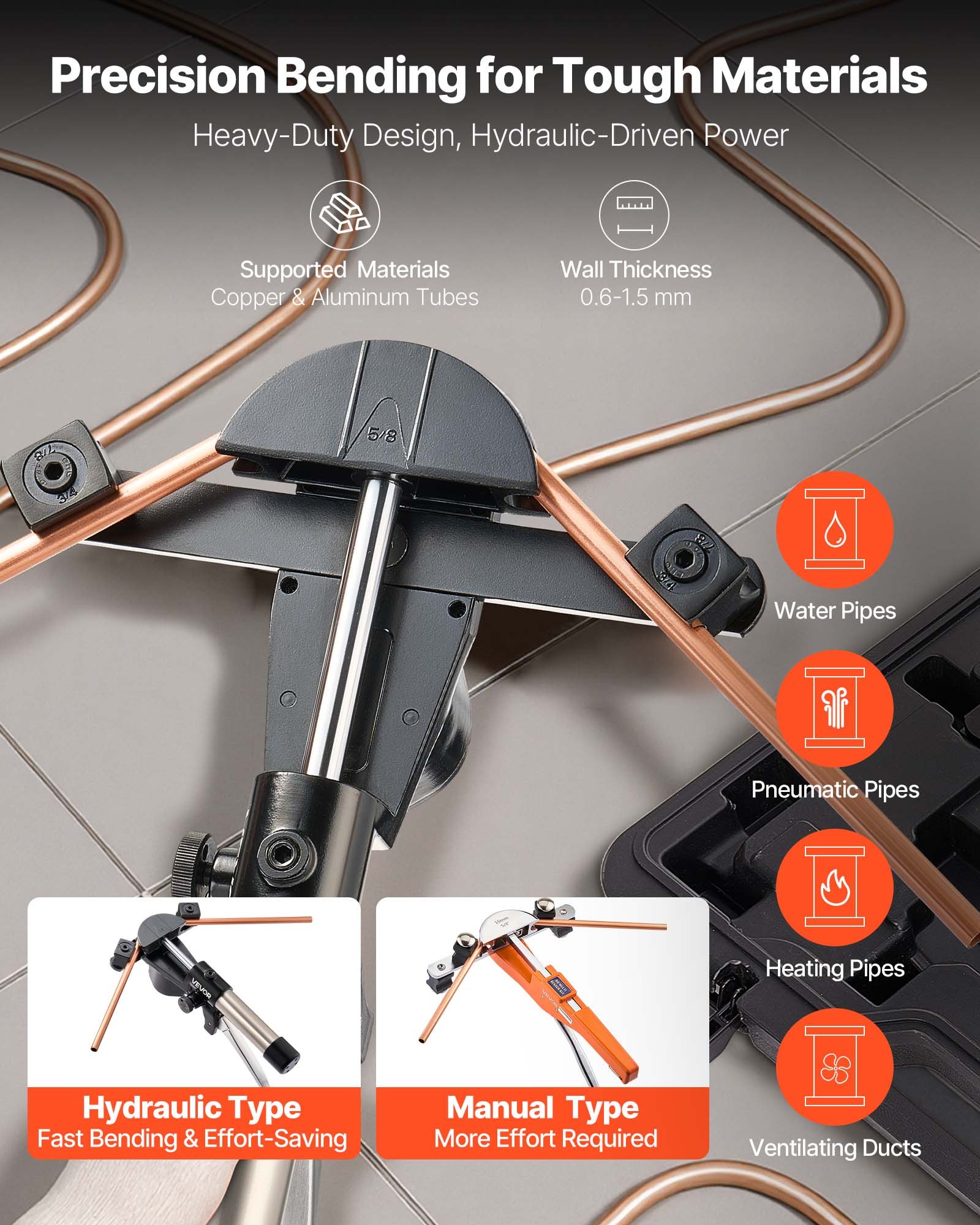 VEVOR Hydraulic Tubing Bender Kit, 6 mm to 22 mm, Copper Tube Pipe Bender, HVAC Bending Tool Set, 90° Bend, with 7 Aluminium Alloy Dies, for HVAC Air Conditioning Refrigeration Automotive Auto Repair