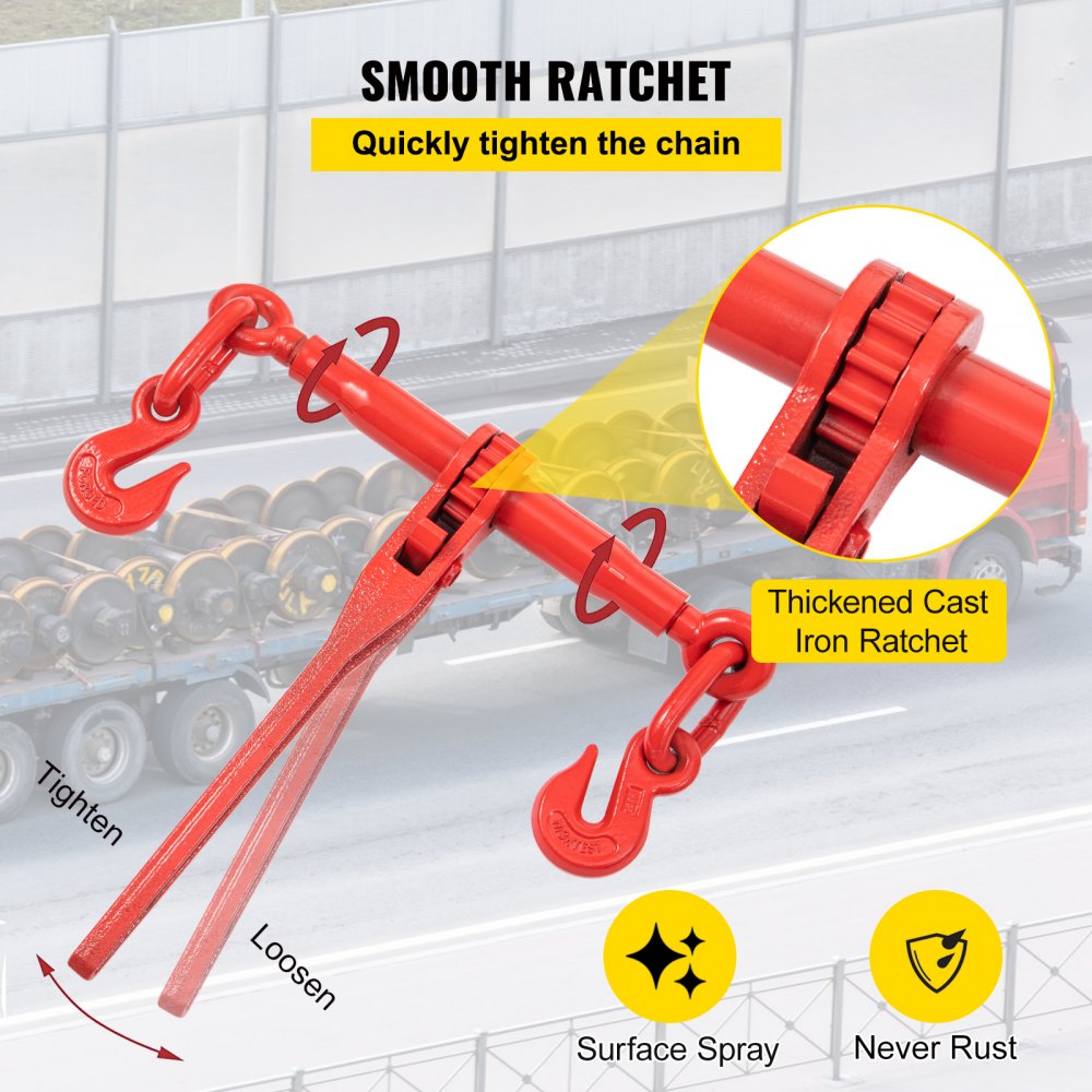 VEVOR Chain Load Binder, 5/16\" Tie Down Kit with 5400LBS Working Load Capacity and Two Grab Hooks, Includes (4) Ratchet Binders - (4) 21\' Grade 80 Chains, Transport Load Package for Hauling, Towing