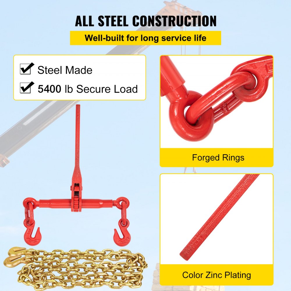 VEVOR Chain Load Binder, 8 mm Tie Down Kit with 2.45 Ton Working Load Capacity and Two Grab Hooks, Includes (4) Ratchet Binders - (4) 6.4 m Grade 80 Chains, Transport Load Package for Hauling, Towing