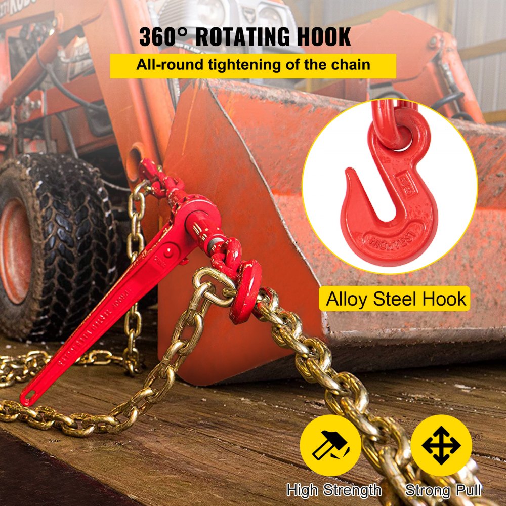 VEVOR Chain Load Binder, 8 mm Tie Down Kit with 2.45 Ton Working Load Capacity and Two Grab Hooks, Includes (4) Ratchet Binders - (4) 6.4 m Grade 80 Chains, Transport Load Package for Hauling, Towing