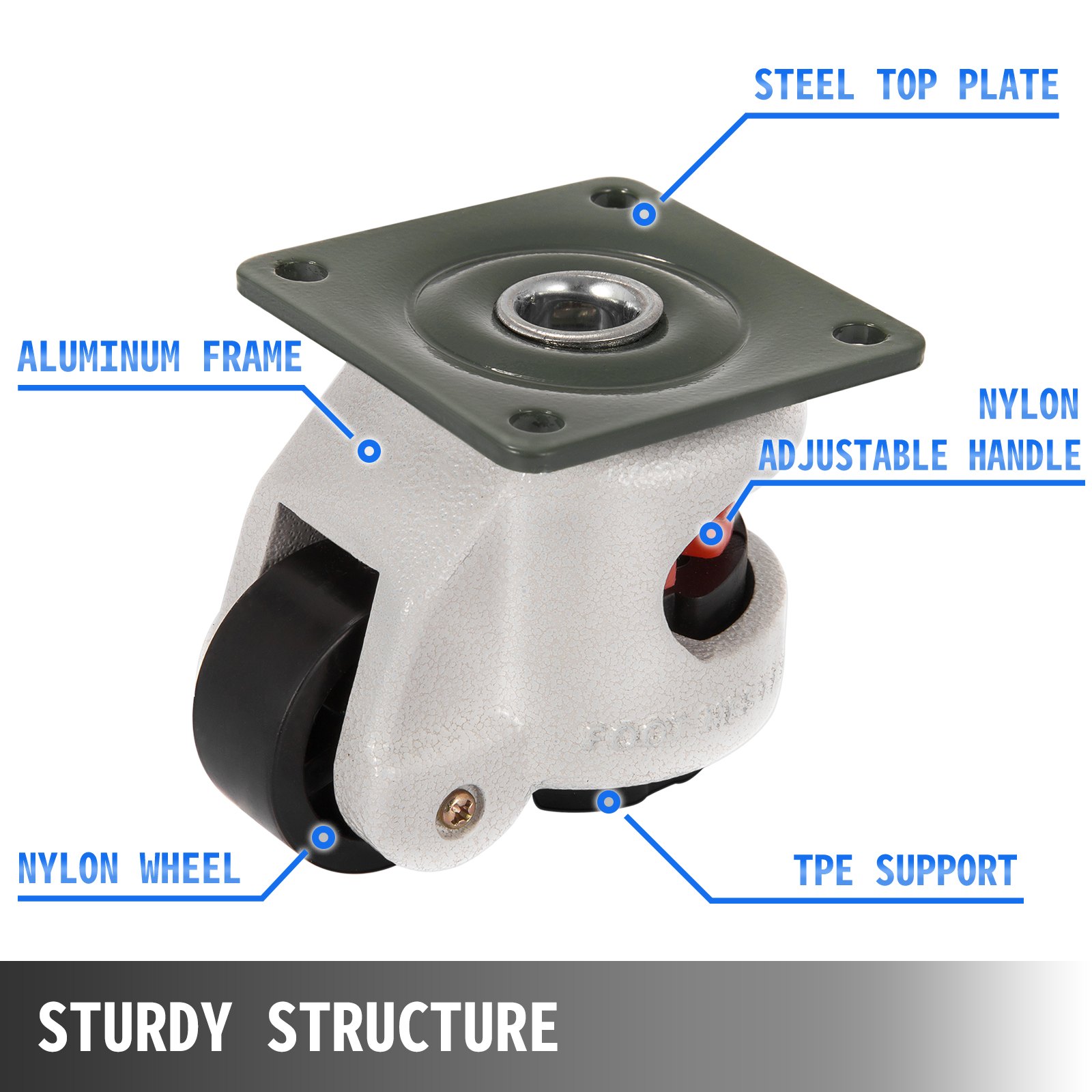VEVOR GD-40F Nylon Wheel and NBR Pad Set of 4 Leveling Casters