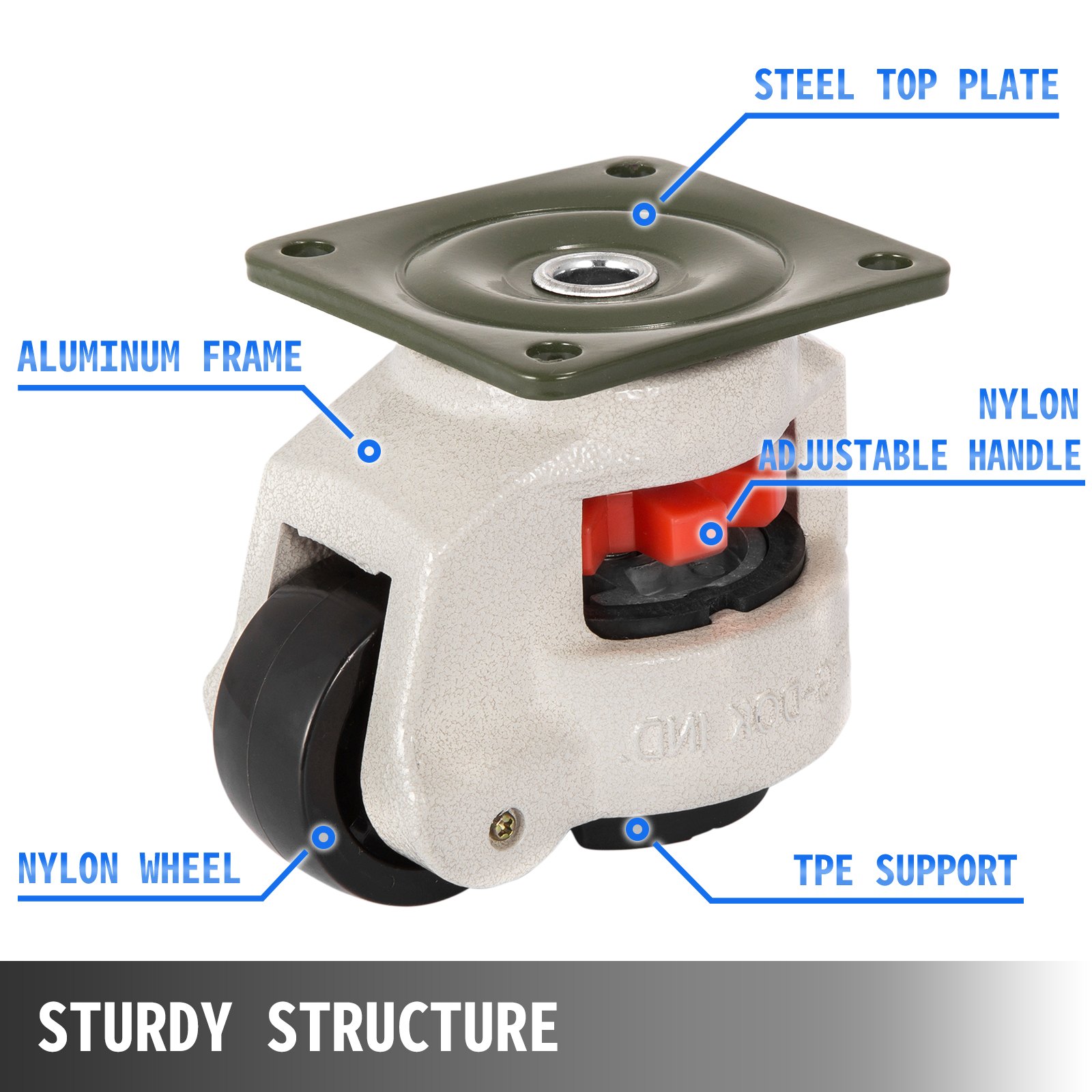 VEVOR Heavy Duty Leveling Casters, Leveling Casters Stem, Set of 4, 2" Retractable Leveling Casters for Workbench, 2200lbs Max Loading Capacity, 360-degree Swivel Casters for Industry Equipment