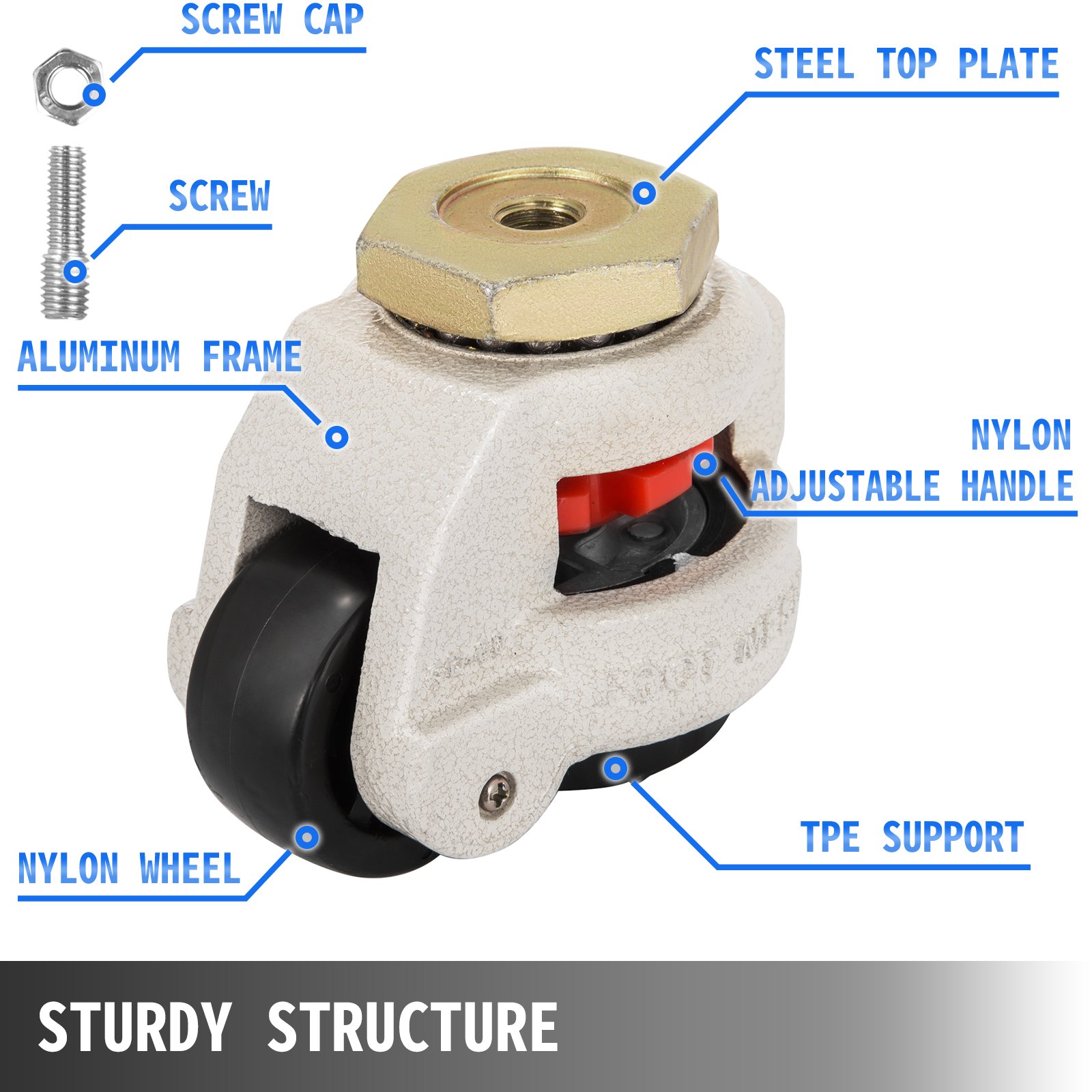 VEVOR Heavy Duty Leveling Caster Set, 4 – Pack 2.5" Self Leveling Casters, 4400LBS Max Loading Capacity, 1.2" x 1.38" Machine Casters Stem, for Moving Industry Equipment, Workbench, Shelves