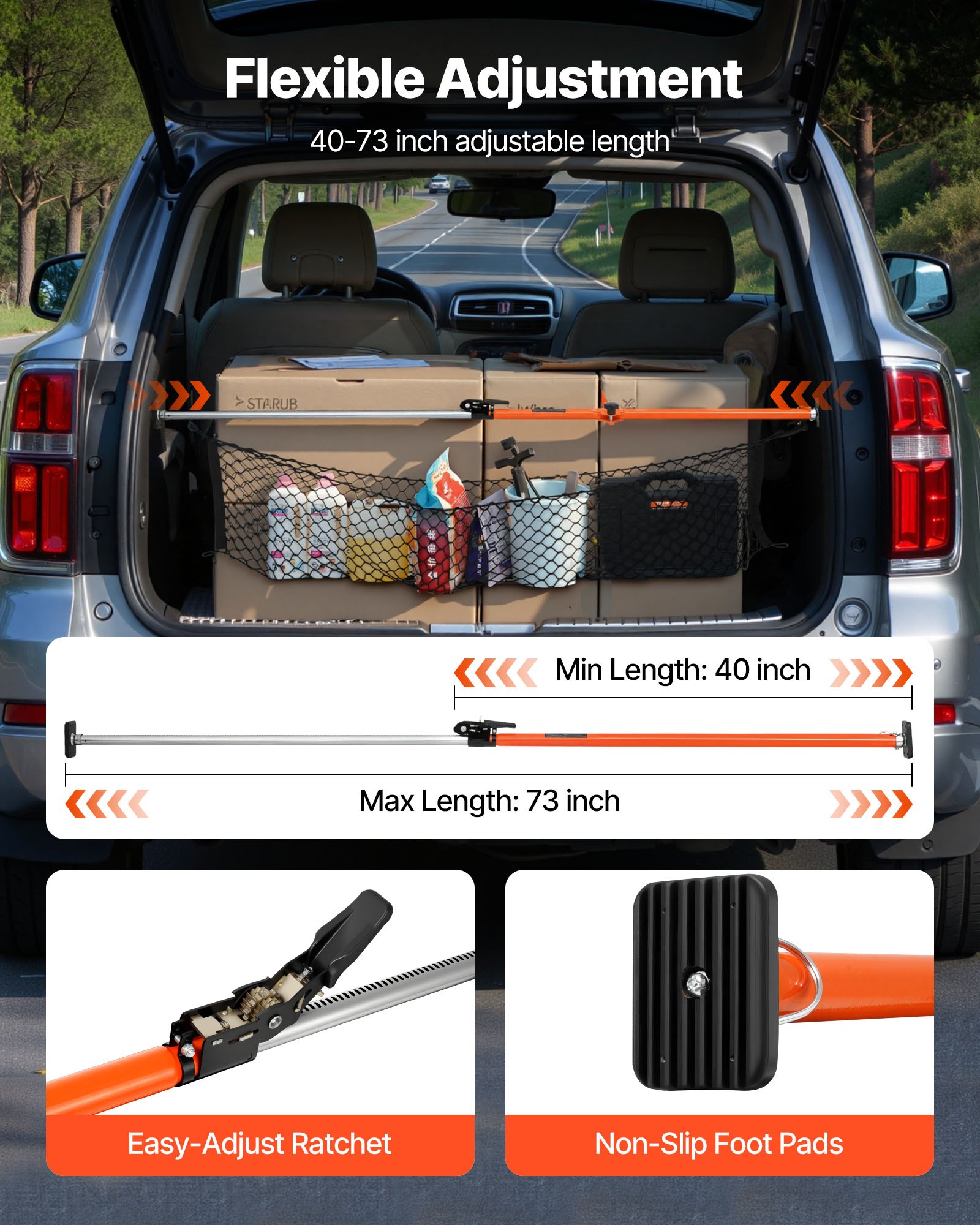 VEVOR Cargo Bar, Cargo Bars Adjustable from 40" to 73", Heavy-duty Steel Cargos Stabilizer with Storage Net & Divider Bar, Telescoping Load Lock Bars for SUVs, Sedans