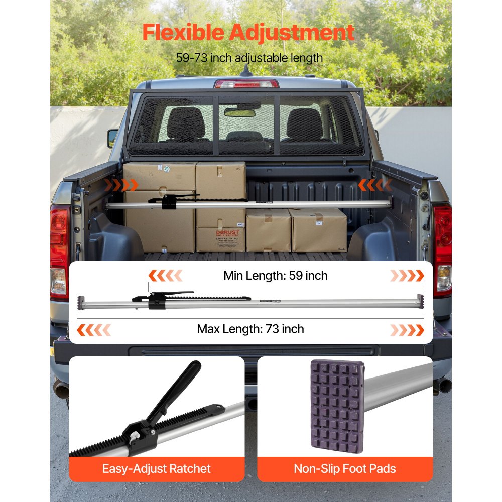 VEVOR Cargo Bar, Ratcheting Cargo Bar Adjustable from 1499mm to 1854mm, Heavy-duty Steel Cargos Stabilizer with Non-Slip Foot Pads, Telescoping Load Lock Bars for Pickup Truck