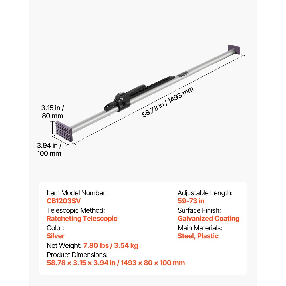 VEVOR Cargo Bar, Ratcheting Cargo Bar Adjustable from 1499mm to 1854mm, Heavy-duty Steel Cargos Stabilizer with Non-Slip Foot Pads, Telescoping Load Lock Bars for Pickup Truck