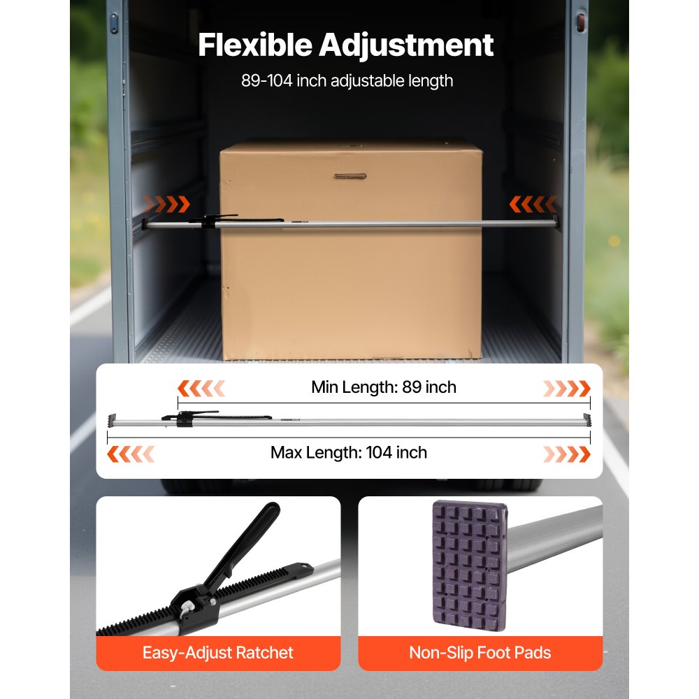 VEVOR Cargo Bar, Ratcheting Cargo Bar Adjustable from 89" to 104", Heavy-duty Steel Cargos Stabilizer with Non-Slip Foot Pads, Truck Bed Load Lock Bars for Box Trucks, Semi-Trailers, Trailers (2PCS)