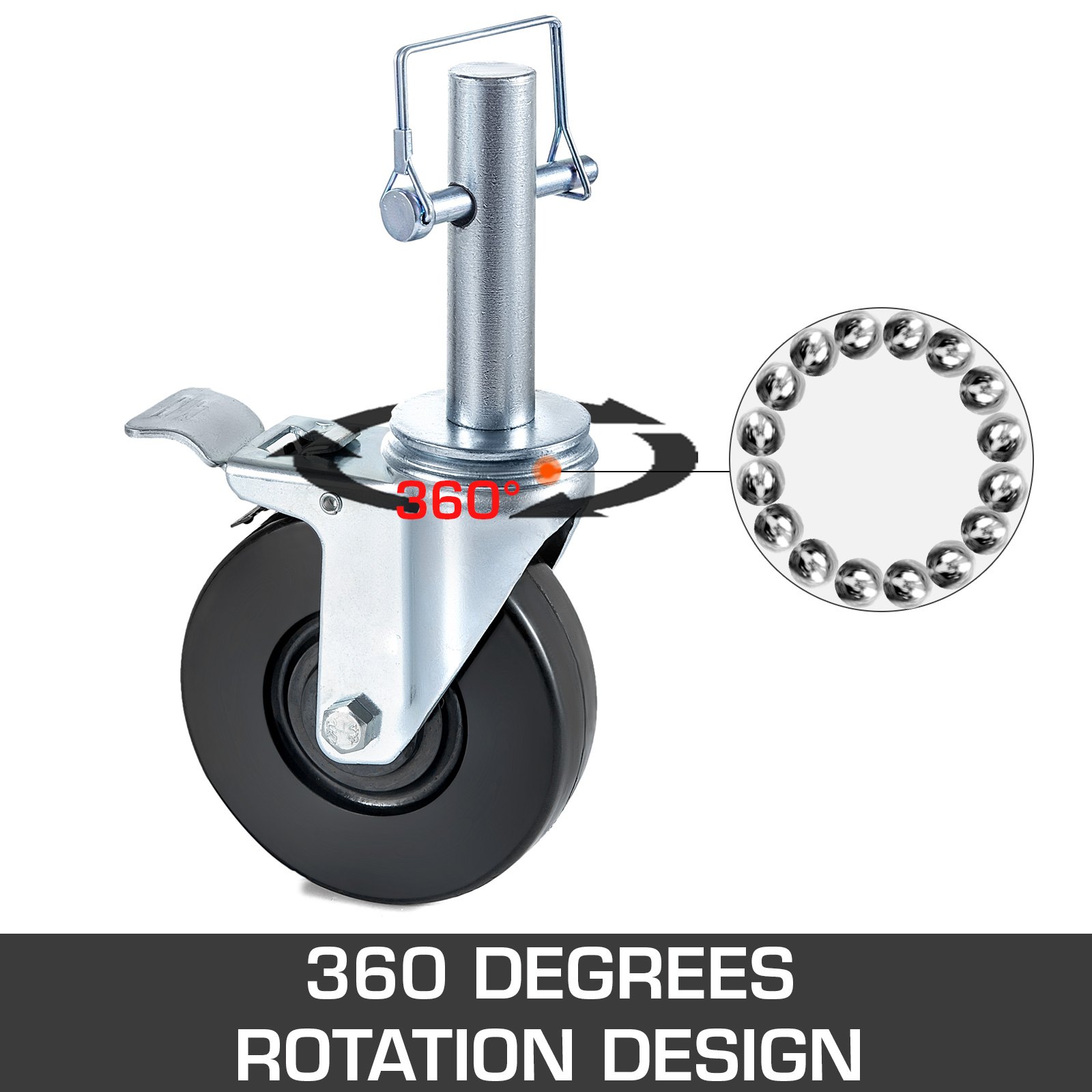 4 Pack 5" Heavy Duty Scaffolding Rubber Swivel Caster With Dual Locking 1" Solid Round Stem 280LBS Capacity Per Wheel