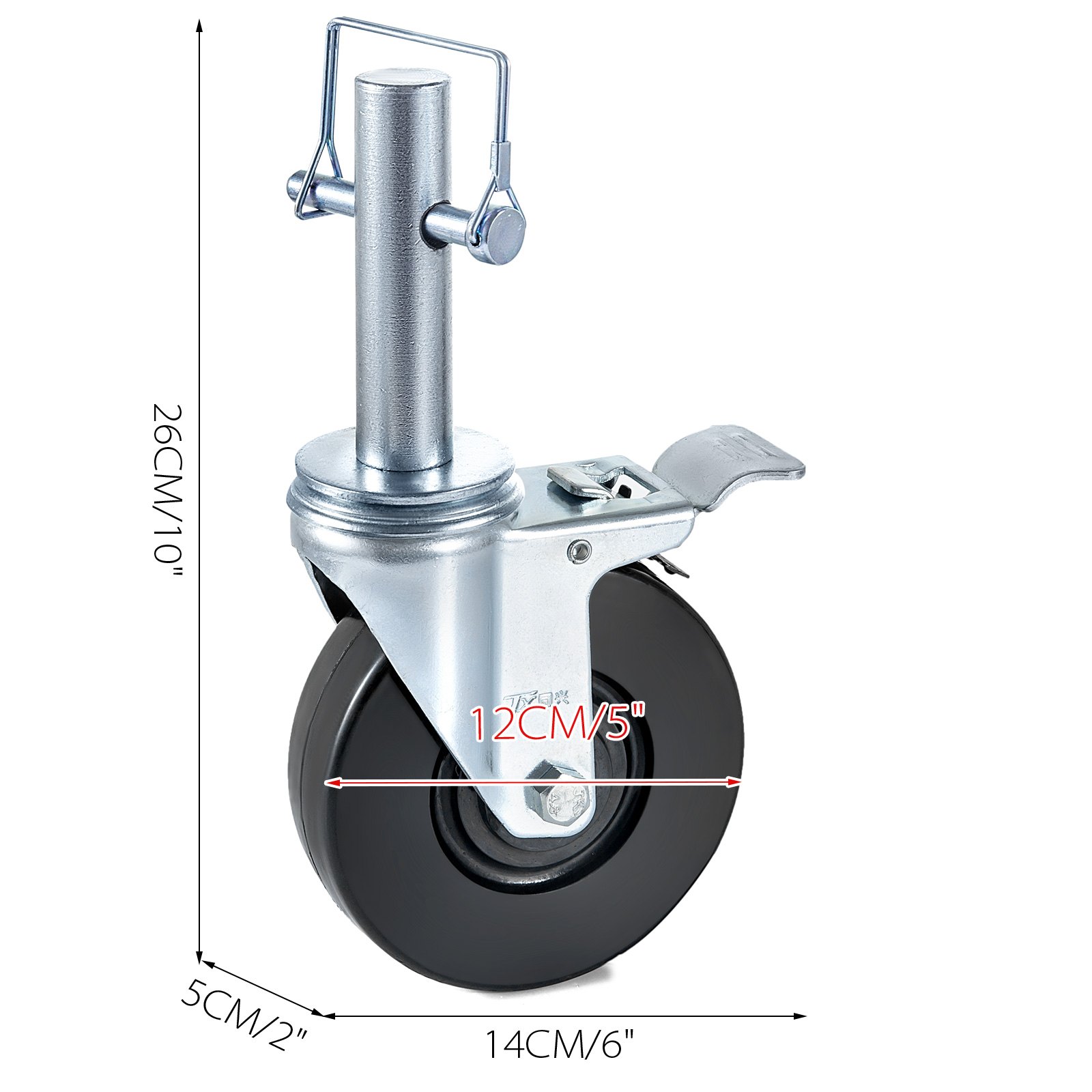 4 Pack 5" Heavy Duty Scaffolding Rubber Swivel Caster With Dual Locking 1" Solid Round Stem 280LBS Capacity Per Wheel