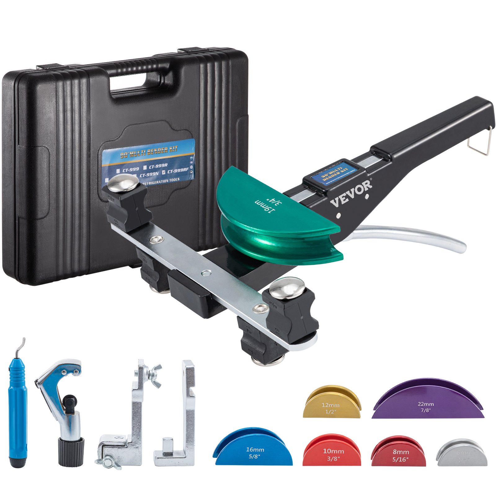 VEVOR Copper Pipe Bender, 7 Colorful Dies 1/4-7/8 inch 90 Degrees Forward and Reverse Bending, 6-22 mm for Copper & Aluminum Tubes with Reverse Bend Attachment