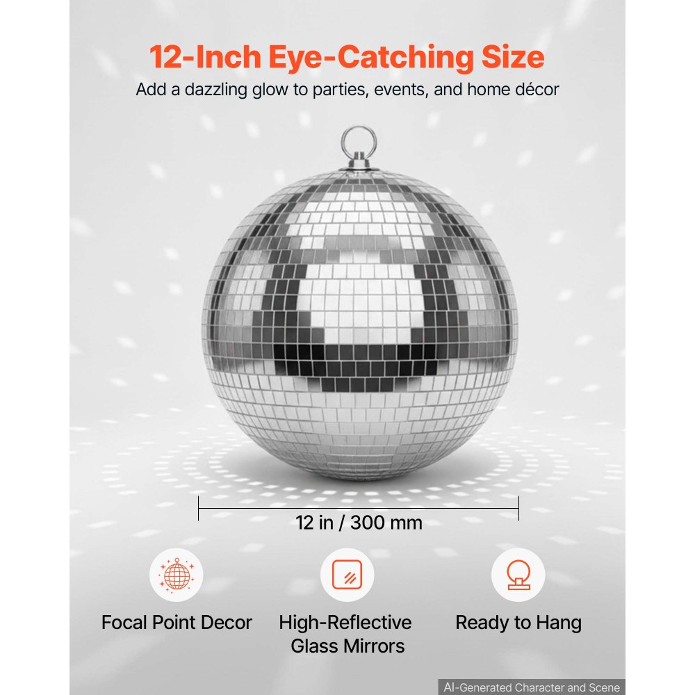 VEVOR Mirror Disco Ball 300 mm Silver Reflective Ball with Hanging Ring, for Party Home Decoration Stage Props DJ Dance Club, 2 Mirror Tile Sizes, Reflects Light, Large Wedding Music Birthday Decor