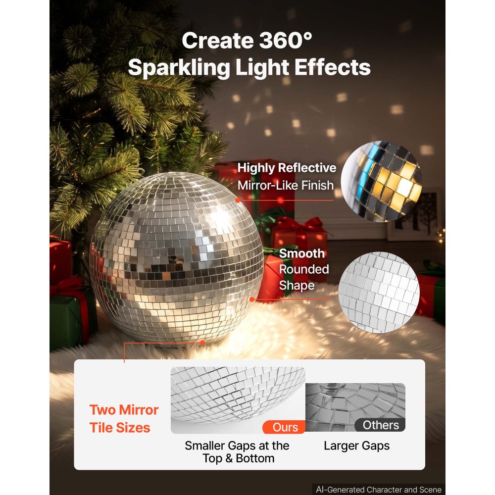 VEVOR Mirror Disco Ball 300 mm Silver Reflective Ball with Hanging Ring, for Party Home Decoration Stage Props DJ Dance Club, 2 Mirror Tile Sizes, Reflects Light, Large Wedding Music Birthday Decor