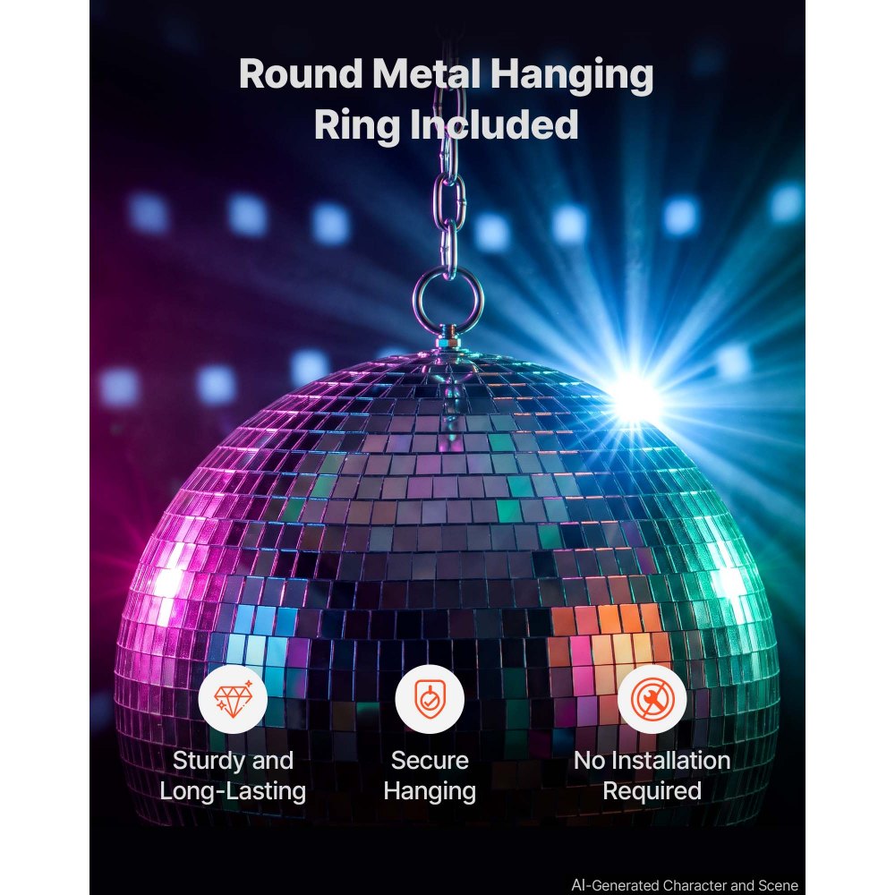 VEVOR Mirror Disco Ball 300 mm Silver Reflective Ball with Hanging Ring, for Party Home Decoration Stage Props DJ Dance Club, 2 Mirror Tile Sizes, Reflects Light, Large Wedding Music Birthday Decor