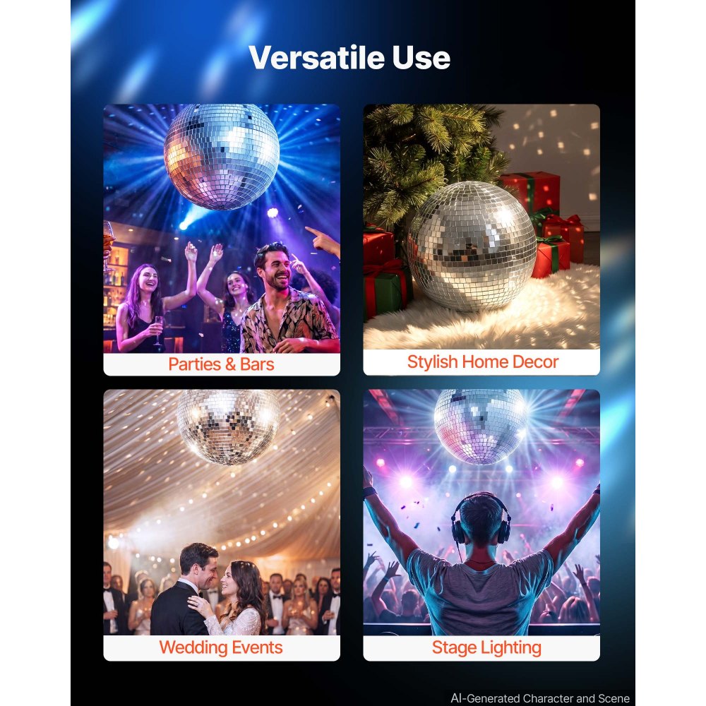 VEVOR Mirror Disco Ball 300 mm Silver Reflective Ball with Hanging Ring, for Party Home Decoration Stage Props DJ Dance Club, 2 Mirror Tile Sizes, Reflects Light, Large Wedding Music Birthday Decor