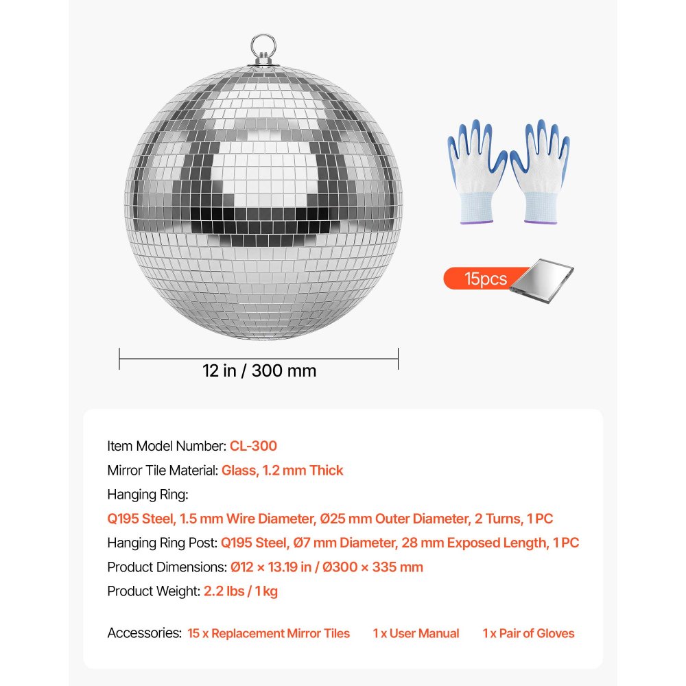 VEVOR Mirror Disco Ball 300 mm Silver Reflective Ball with Hanging Ring, for Party Home Decoration Stage Props DJ Dance Club, 2 Mirror Tile Sizes, Reflects Light, Large Wedding Music Birthday Decor