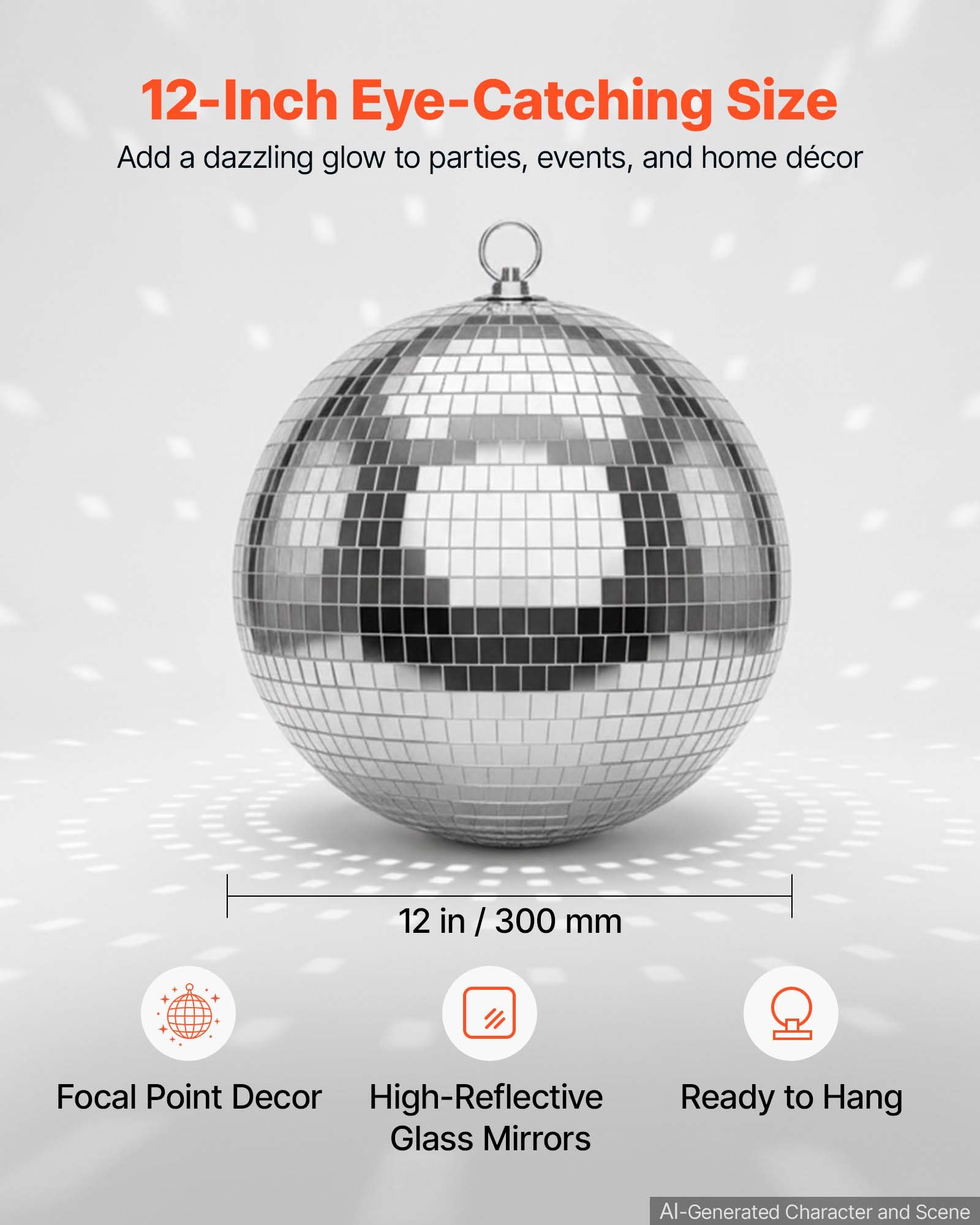 VEVOR Mirror Disco Ball 300 mm Silver Reflective Ball with Hanging Ring, for Party Home Decoration Stage Props DJ Dance Club, 2 Mirror Tile Sizes, Reflects Light, Large Wedding Music Birthday Decor