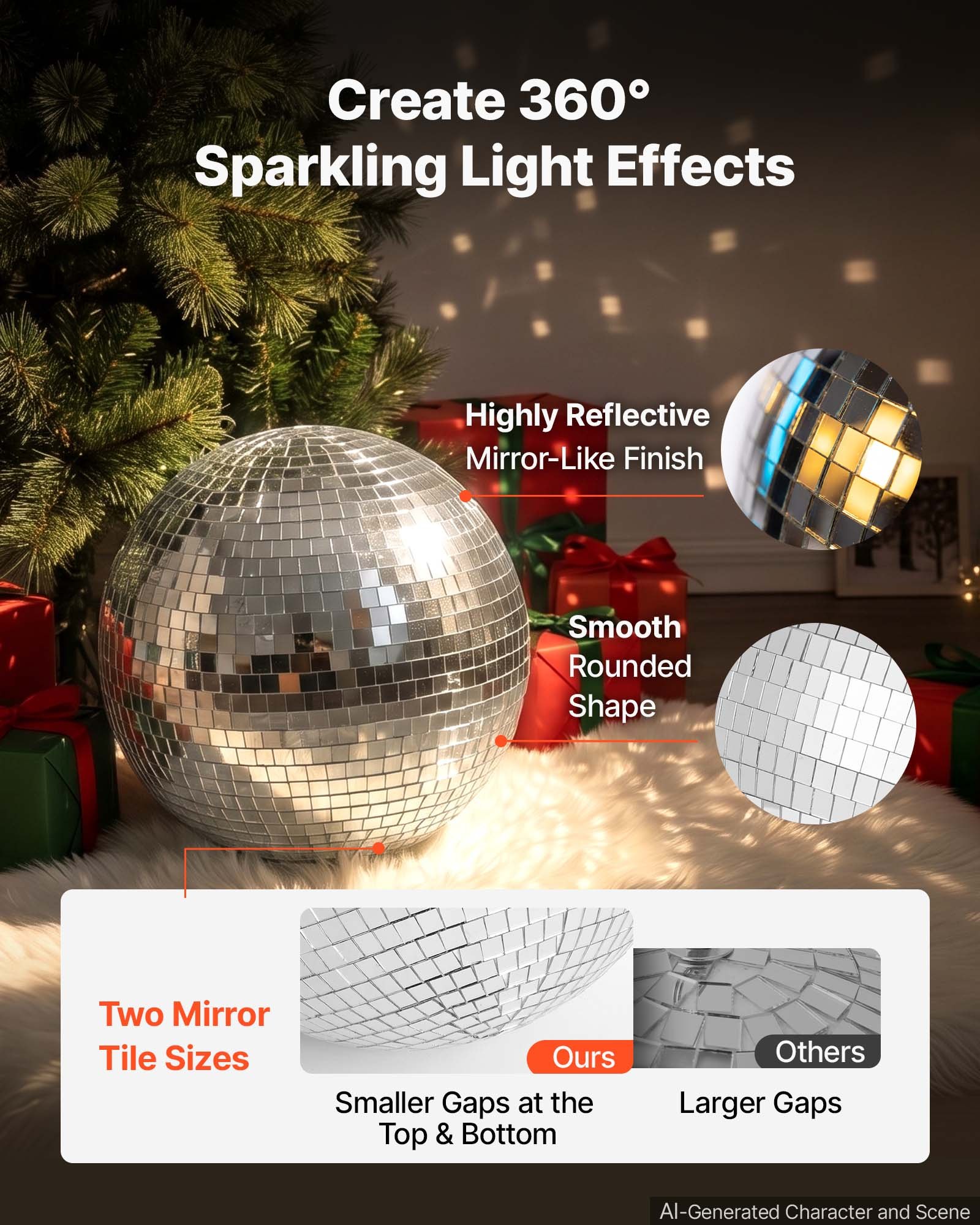 VEVOR Mirror Disco Ball 300 mm Silver Reflective Ball with Hanging Ring, for Party Home Decoration Stage Props DJ Dance Club, 2 Mirror Tile Sizes, Reflects Light, Large Wedding Music Birthday Decor