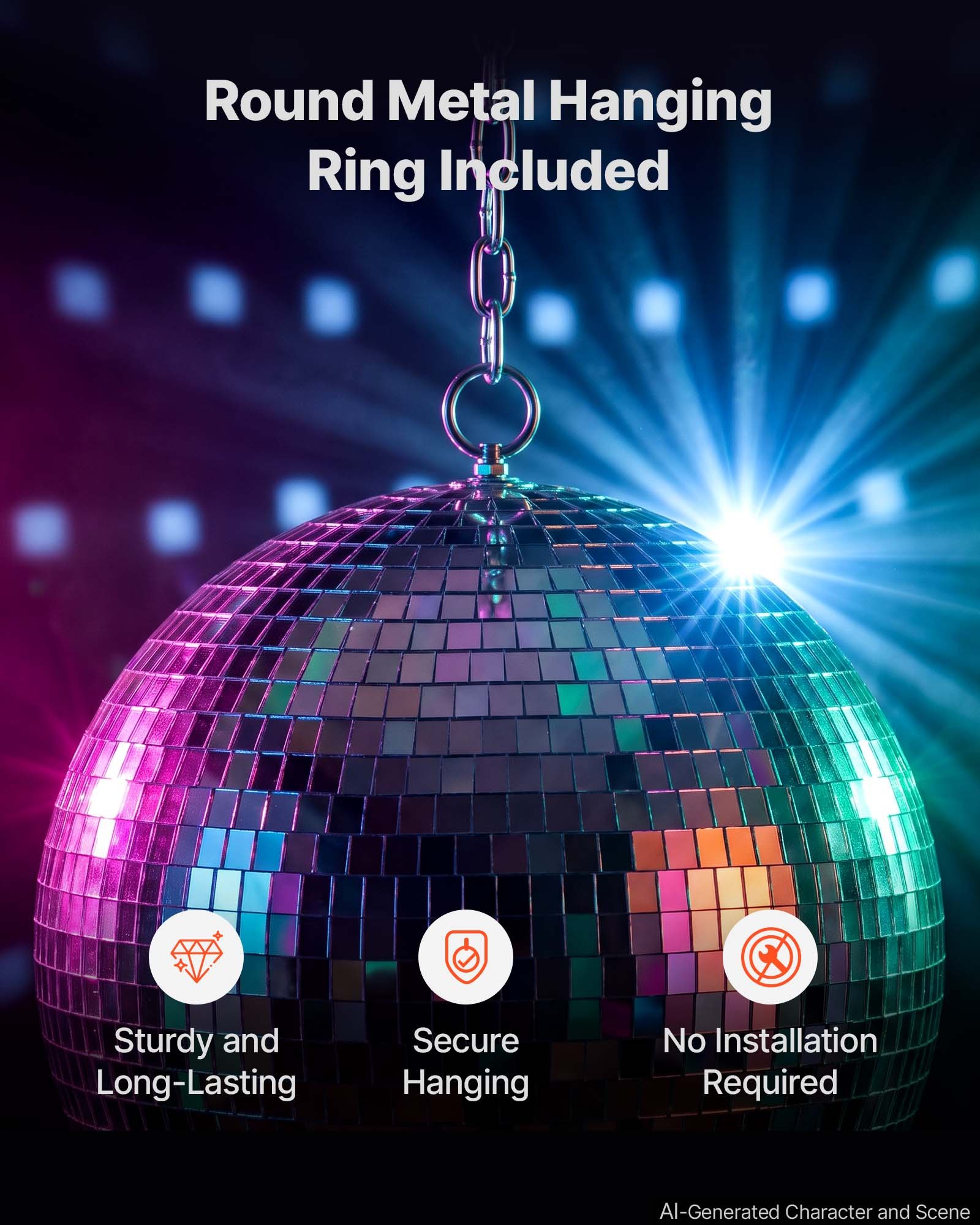 VEVOR Mirror Disco Ball 300 mm Silver Reflective Ball with Hanging Ring, for Party Home Decoration Stage Props DJ Dance Club, 2 Mirror Tile Sizes, Reflects Light, Large Wedding Music Birthday Decor