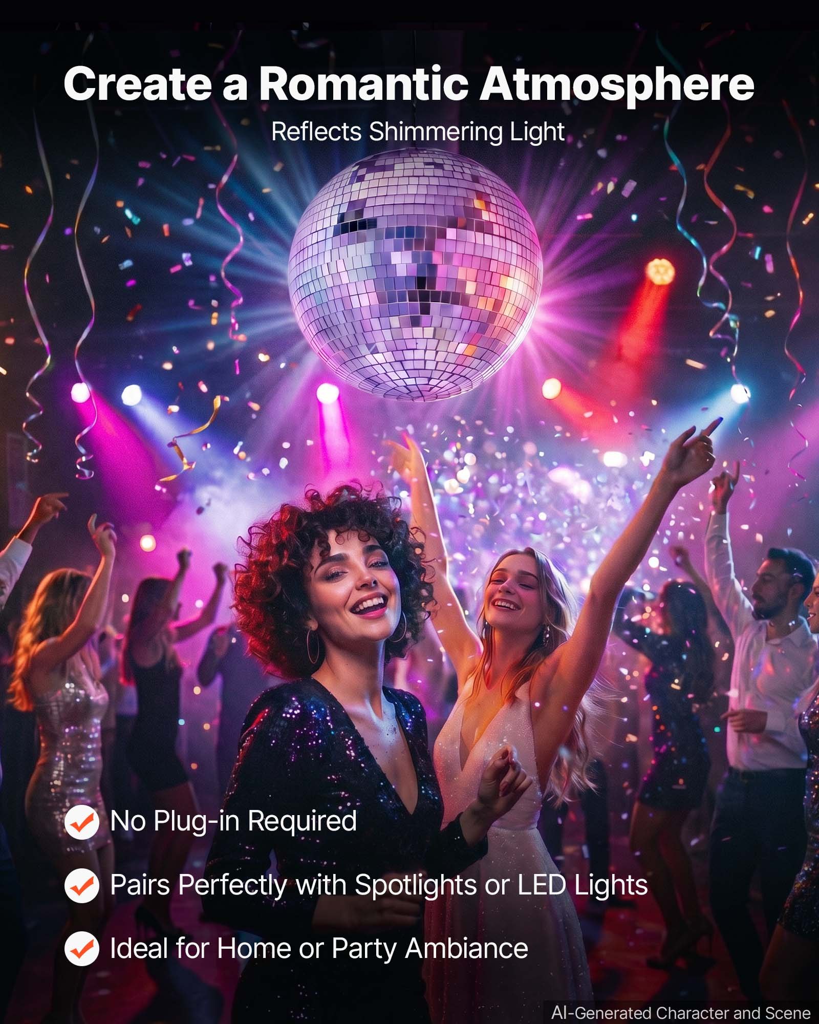 VEVOR Mirror Disco Ball 300 mm Silver Reflective Ball with Hanging Ring, for Party Home Decoration Stage Props DJ Dance Club, 2 Mirror Tile Sizes, Reflects Light, Large Wedding Music Birthday Decor
