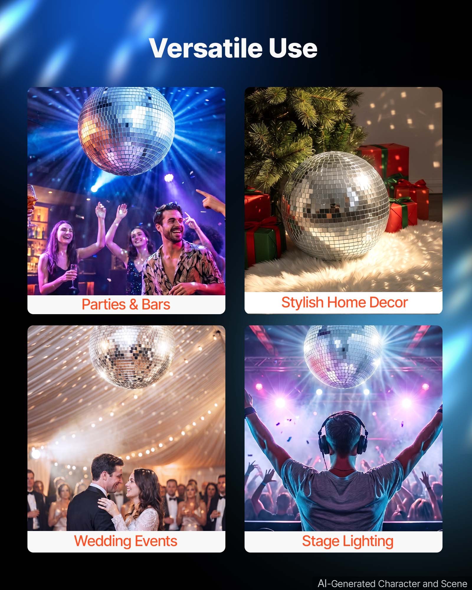 VEVOR Mirror Disco Ball 300 mm Silver Reflective Ball with Hanging Ring, for Party Home Decoration Stage Props DJ Dance Club, 2 Mirror Tile Sizes, Reflects Light, Large Wedding Music Birthday Decor