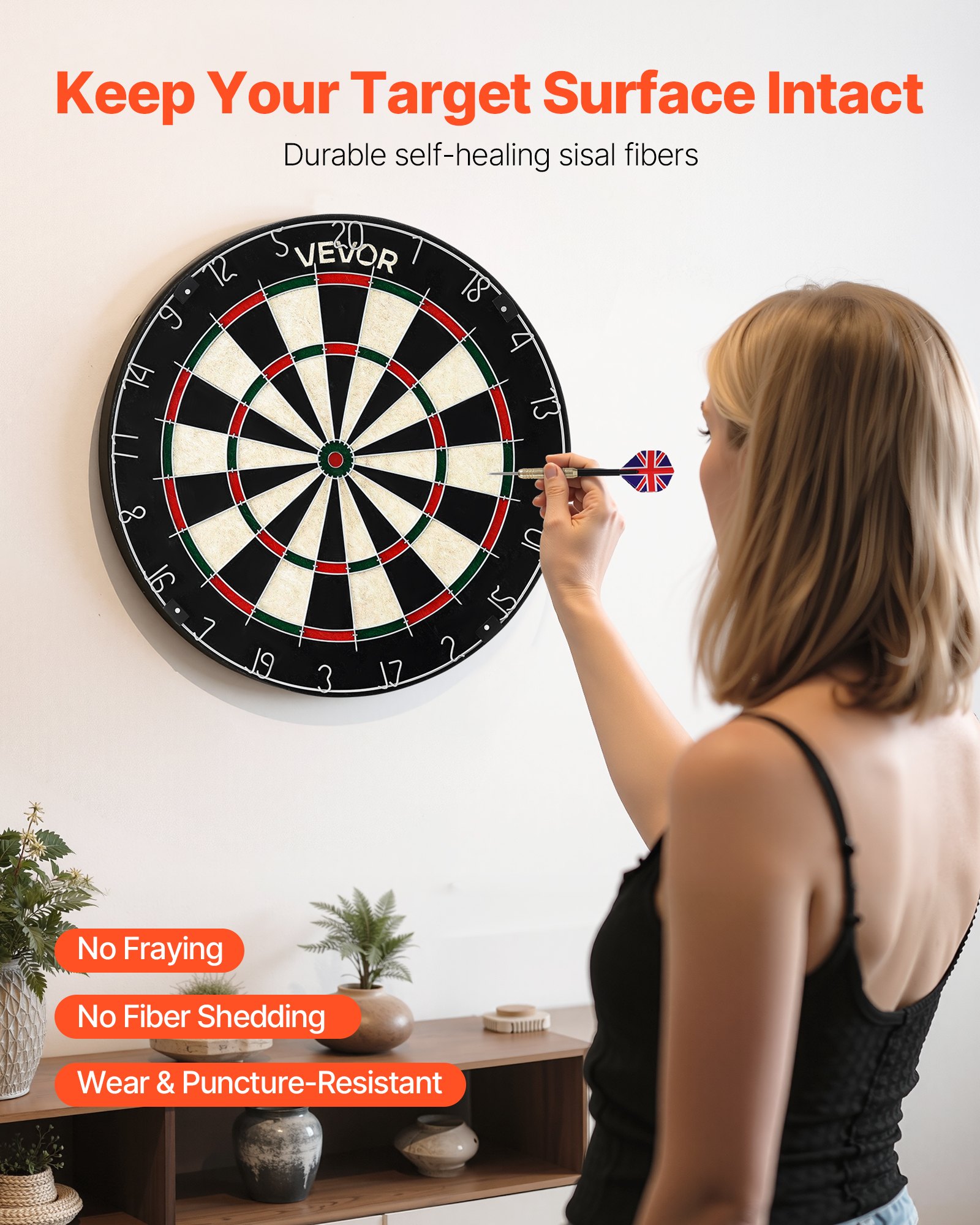 VEVOR Dartboard with 6 Darts & Scoring Kit, Self-Healing Sisal Fibers Dartboard with Staple-Free Bullseye & Rotating Number Ring, 451mm Professional Steel Tip Dart Board Set for Home Party Game Room
