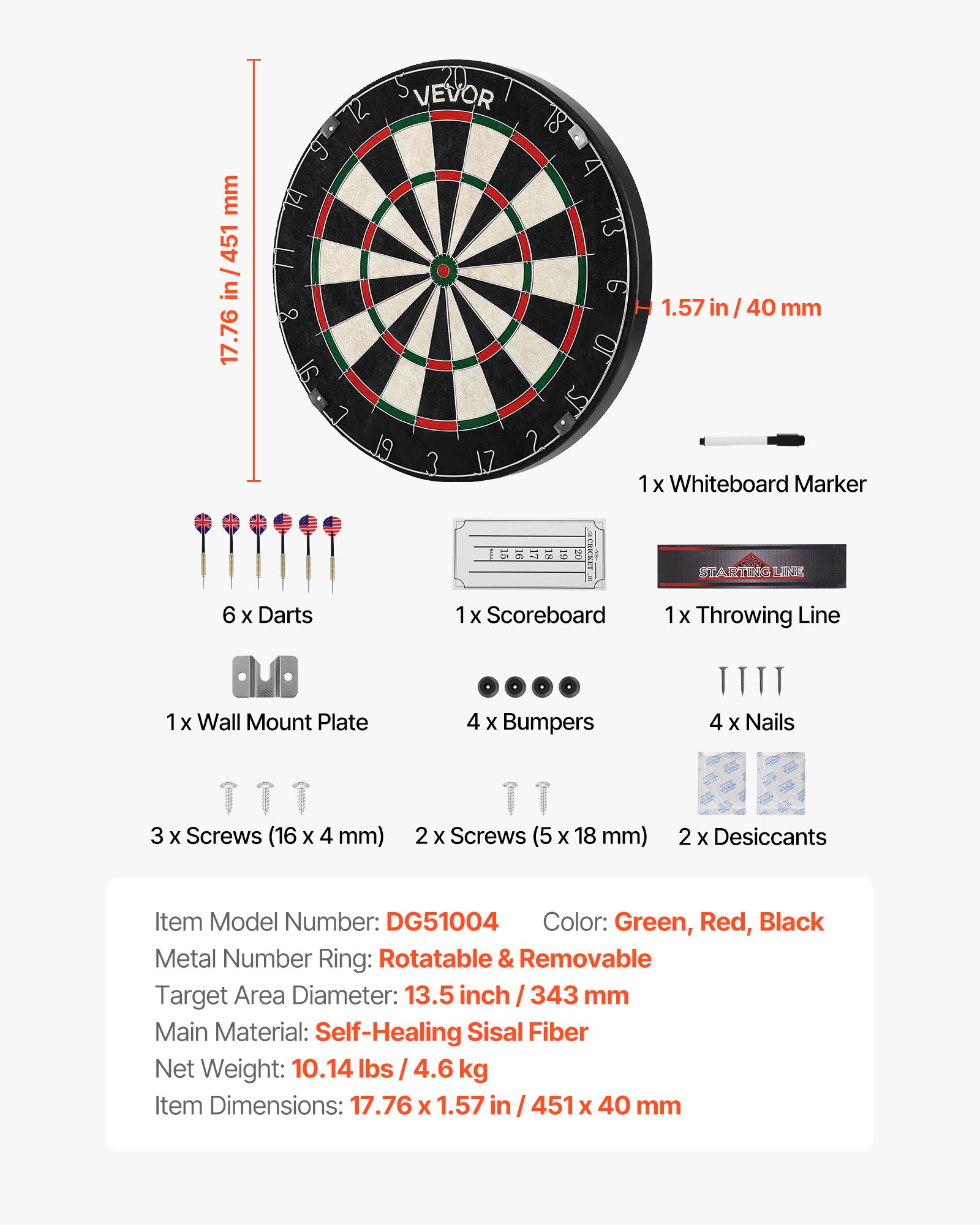 VEVOR Dartboard with 6 Darts & Scoring Kit, Self-Healing Sisal Fibers Dartboard with Staple-Free Bullseye & Rotating Number Ring, 451mm Professional Steel Tip Dart Board Set for Home Party Game Room