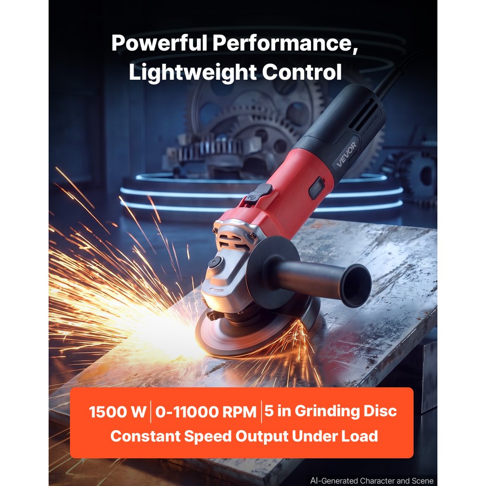 VEVOR Angle Grinder, 125mm Electric Grinder Power Tool, 1500W 7Amps 0 - 11000RPM Variable Speed Angle Grinders with 2 Cutting Wheels, 2 Grinding Wheels & 2 Flap Discs for Metal Grinding, Cutting