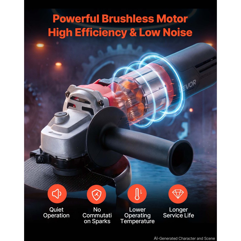 VEVOR Angle Grinder, 125mm Electric Grinder Power Tool, 1500W 7Amps 0 - 11000RPM Variable Speed Angle Grinders with 2 Cutting Wheels, 2 Grinding Wheels & 2 Flap Discs for Metal Grinding, Cutting