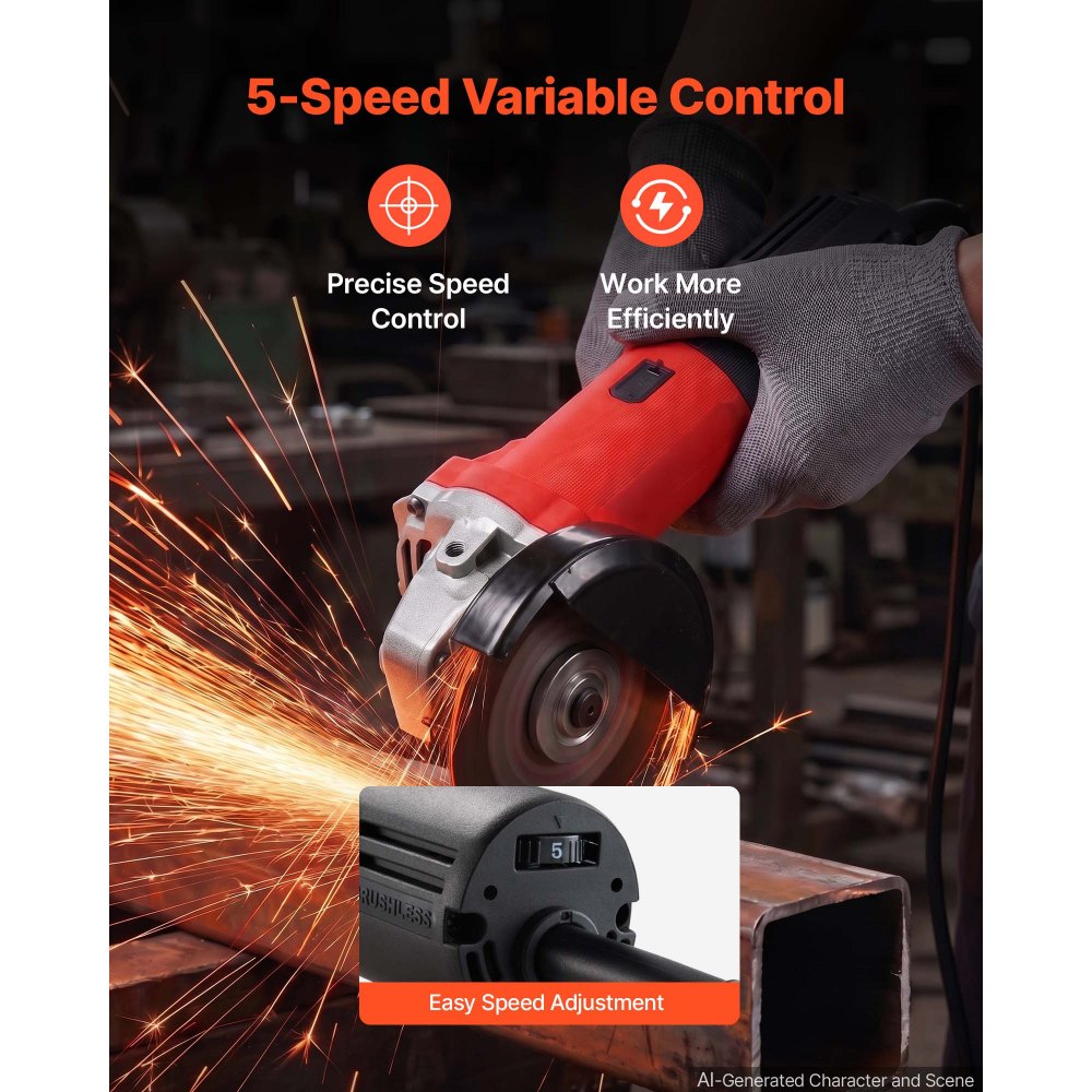VEVOR Angle Grinder, 125mm Electric Grinder Power Tool, 1500W 7Amps 0 - 11000RPM Variable Speed Angle Grinders with 2 Cutting Wheels, 2 Grinding Wheels & 2 Flap Discs for Metal Grinding, Cutting