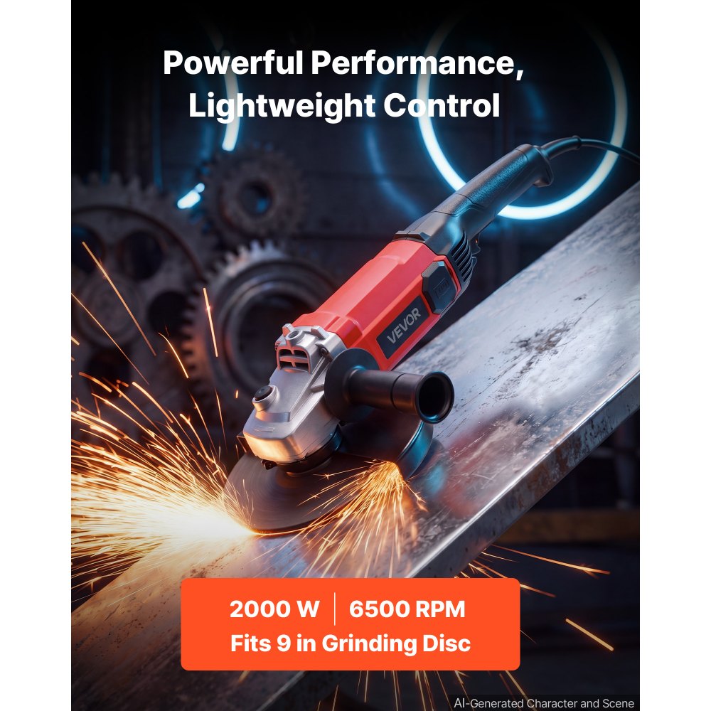 VEVOR Angle Grinder, 230mm Electric Grinder Power Tool, 2000W 10A 6500RPM High-Speed Corded Angle Grinder with Adjustable Guard for Metal Grinding, Cutting, Rust Removal (Grinding Wheels Not Included)