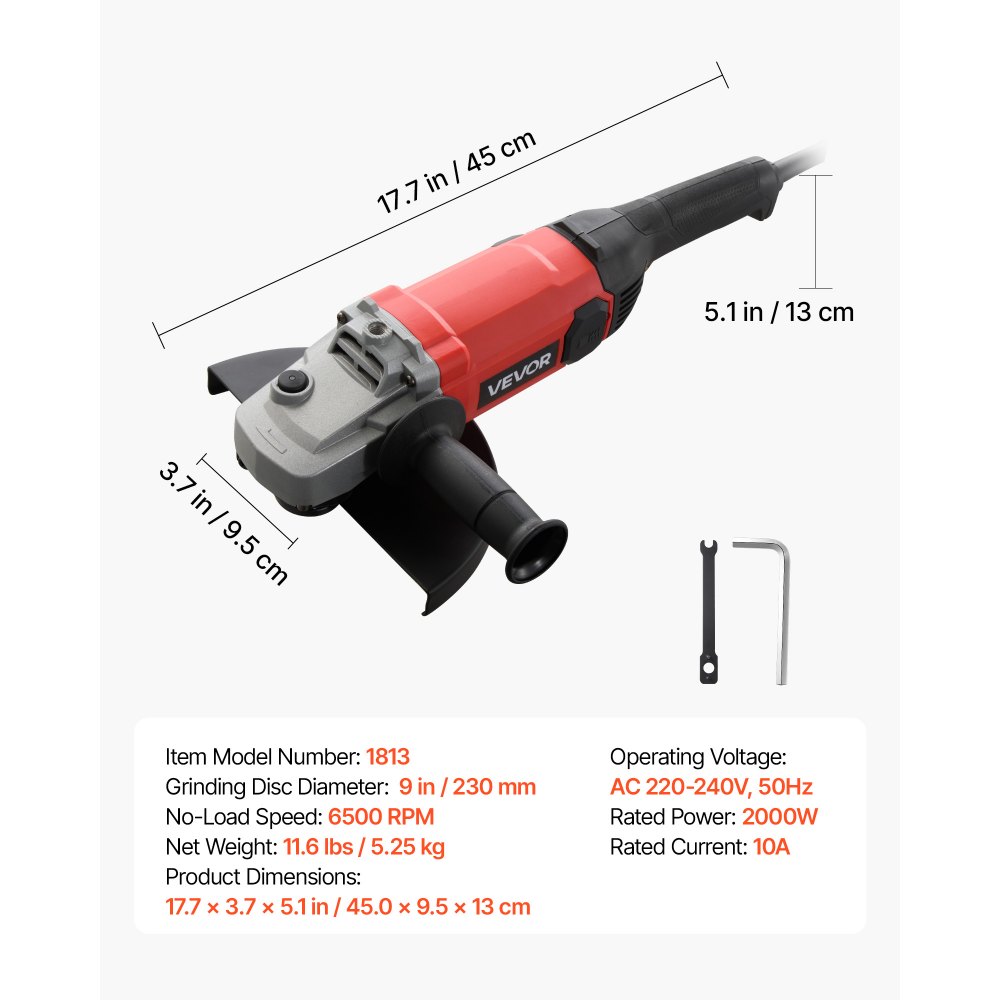 VEVOR Angle Grinder, 230mm Electric Grinder Power Tool, 2000W 10A 6500RPM High-Speed Corded Angle Grinder with Adjustable Guard for Metal Grinding, Cutting, Rust Removal (Grinding Wheels Not Included)