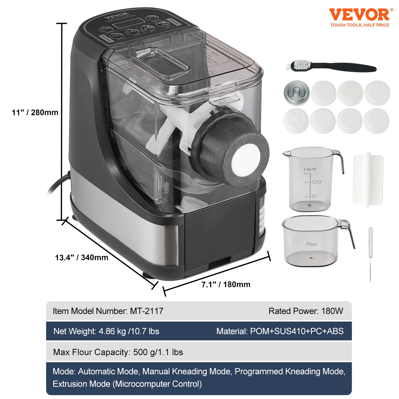 VEVOR Electric Pasta Maker, 150W Automatic Noodle Maker Machine with 8 Pasta Shapes, 4 Intelligent Modes, 500g Flour Capacity Pasta Maker Machine with Measuring Cups, Cleaning Brush for Home Kitchen