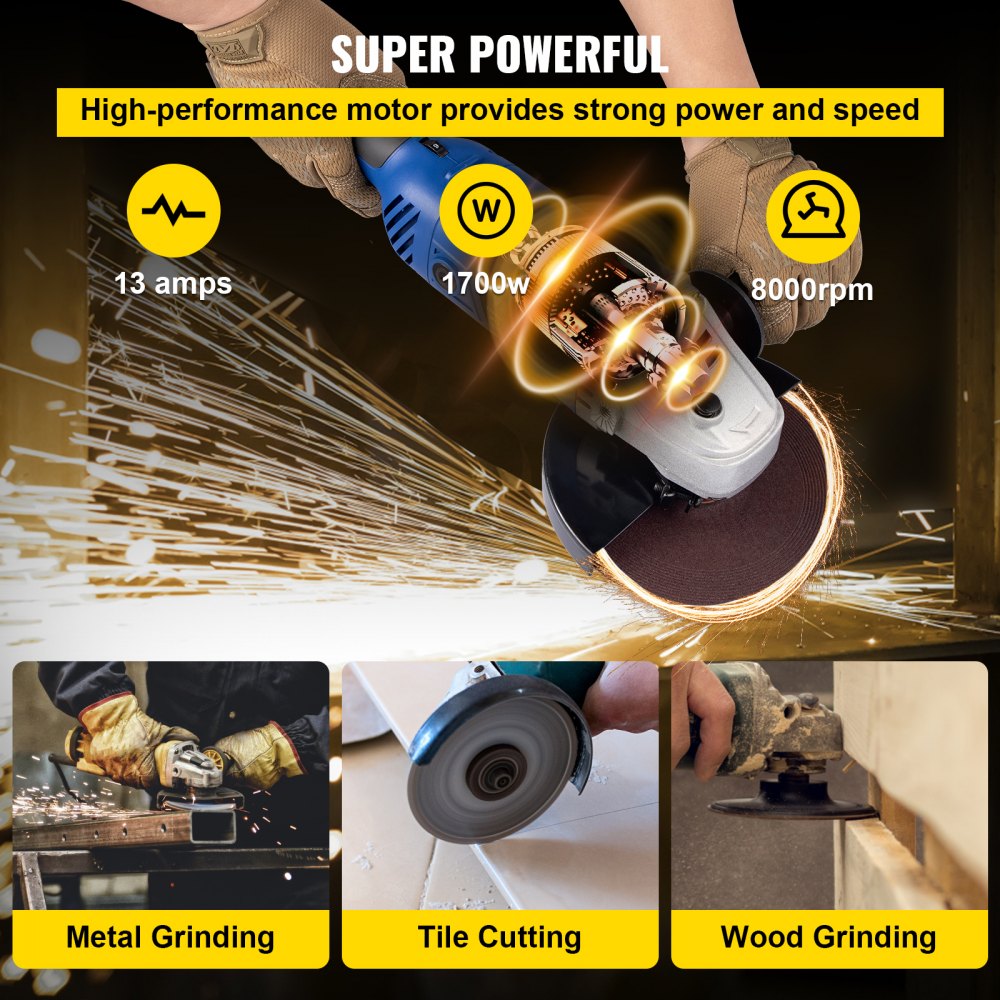 VEVOR Angle Grinder, 7 Inch Powerful Grinder Tool 13 Amp Power Grinder with Variable Speed and 360° Rotational Guard, 8000rpm Power Angle Grinders for Cutting and Grinding Metal, Stone, Wood, etc
