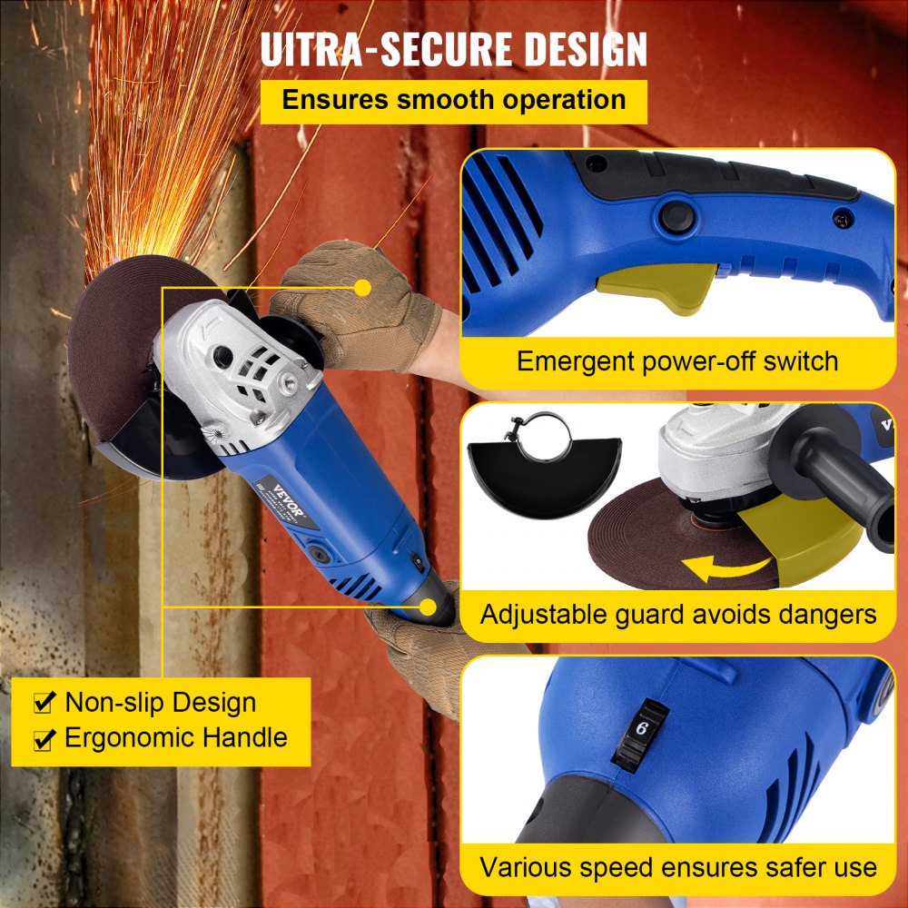 VEVOR Angle Grinder, 7 Inch Powerful Grinder Tool 13 Amp Power Grinder with Variable Speed and 360° Rotational Guard, 8000rpm Power Angle Grinders for Cutting and Grinding Metal, Stone, Wood, etc