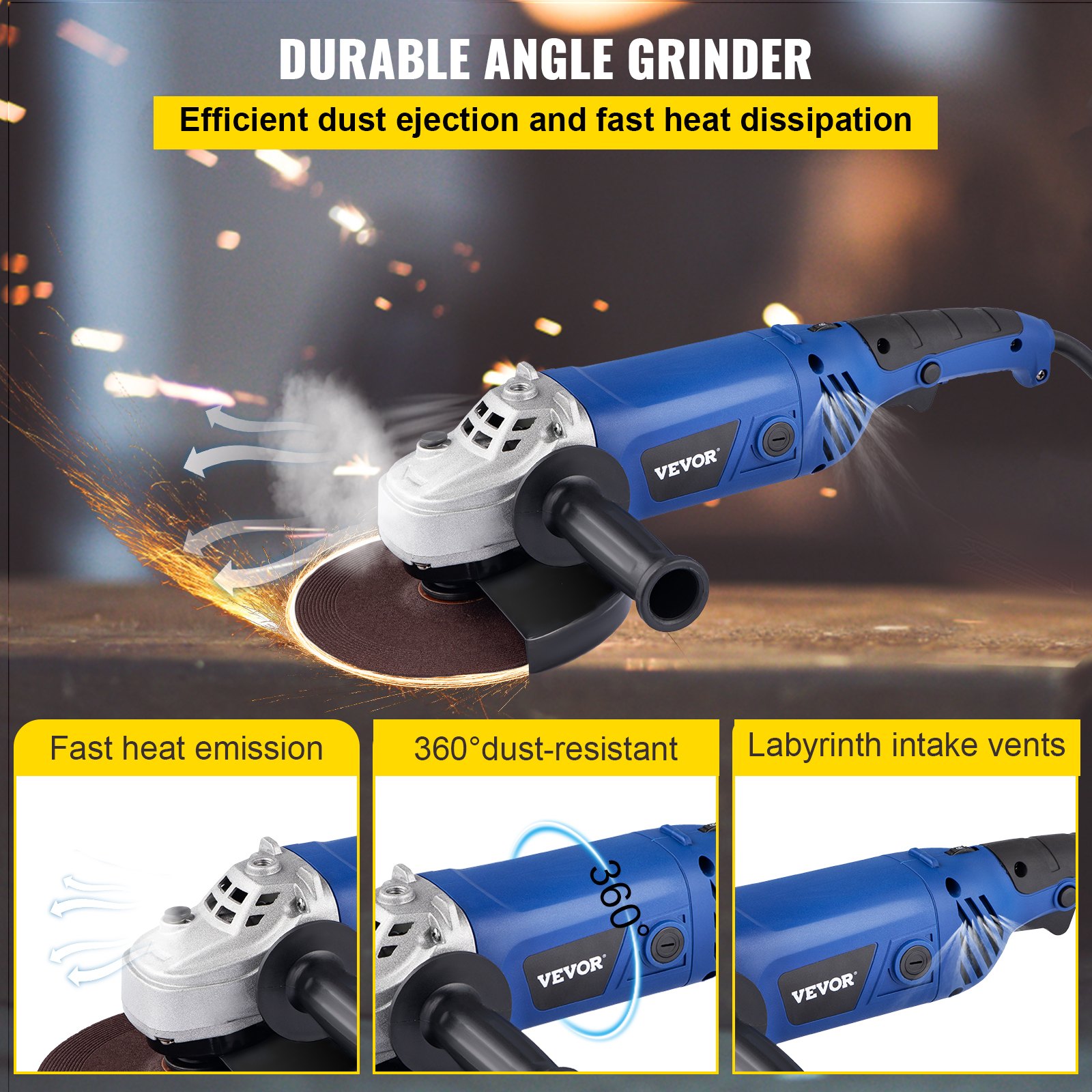VEVOR Angle Grinder, 7 Inch Powerful Grinder Tool 13 Amp Power Grinder with Variable Speed and 360° Rotational Guard, 8000rpm Power Angle Grinders for Cutting and Grinding Metal, Stone, Wood, etc