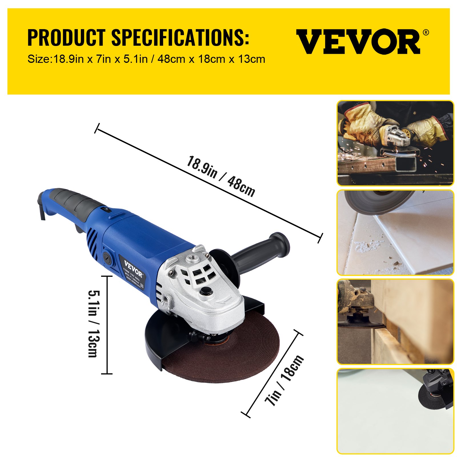 VEVOR Angle Grinder, 7 Inch Powerful Grinder Tool 15 Amp Power Grinder with Variable Speed and 360° Rotational Guard, 8000rpm Power Angle Grinders for Cutting and Grinding Metal, Stone, Wood, etc