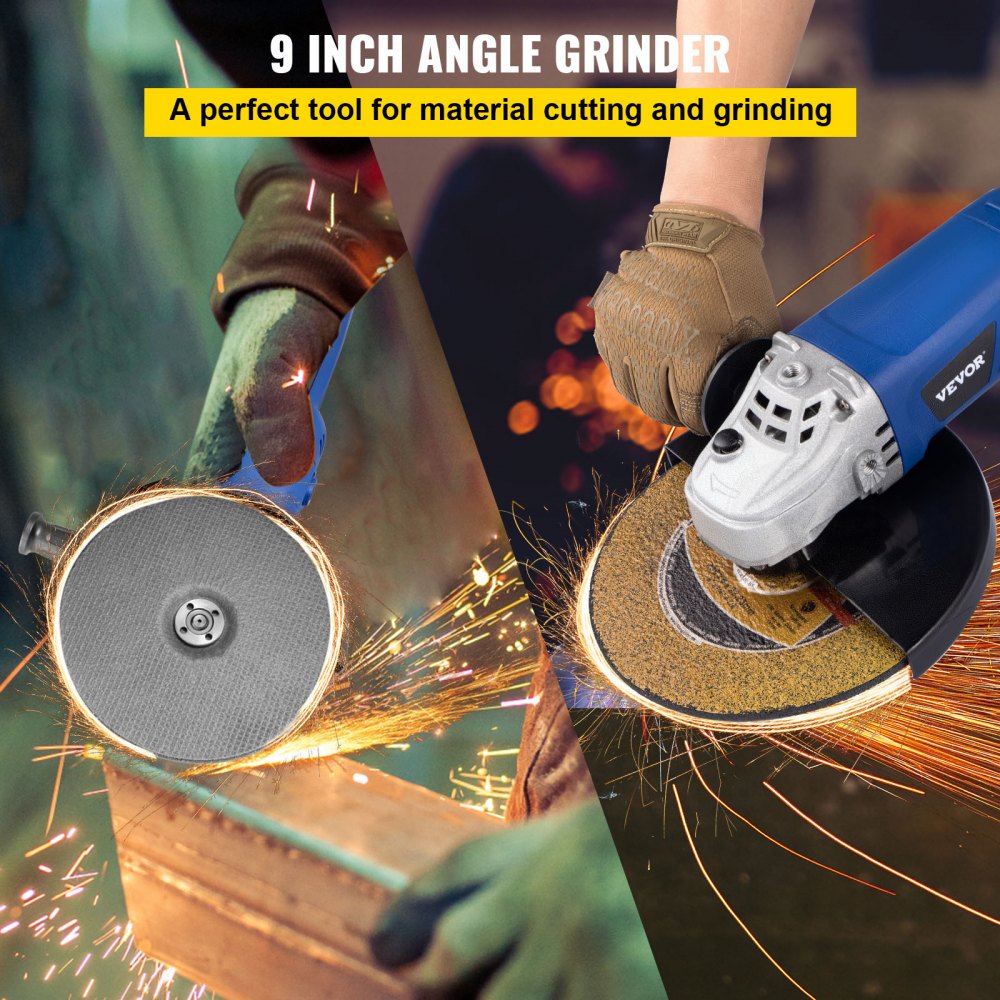 VEVOR Angle Grinder, 9 Inch Powerful Grinder Tool 15 Amp Power Grinder with Variable Speed and 360° Rotational Guard, 8000rpm Power Angle Grinders for Cutting and Grinding Metal, Stone, Wood, etc