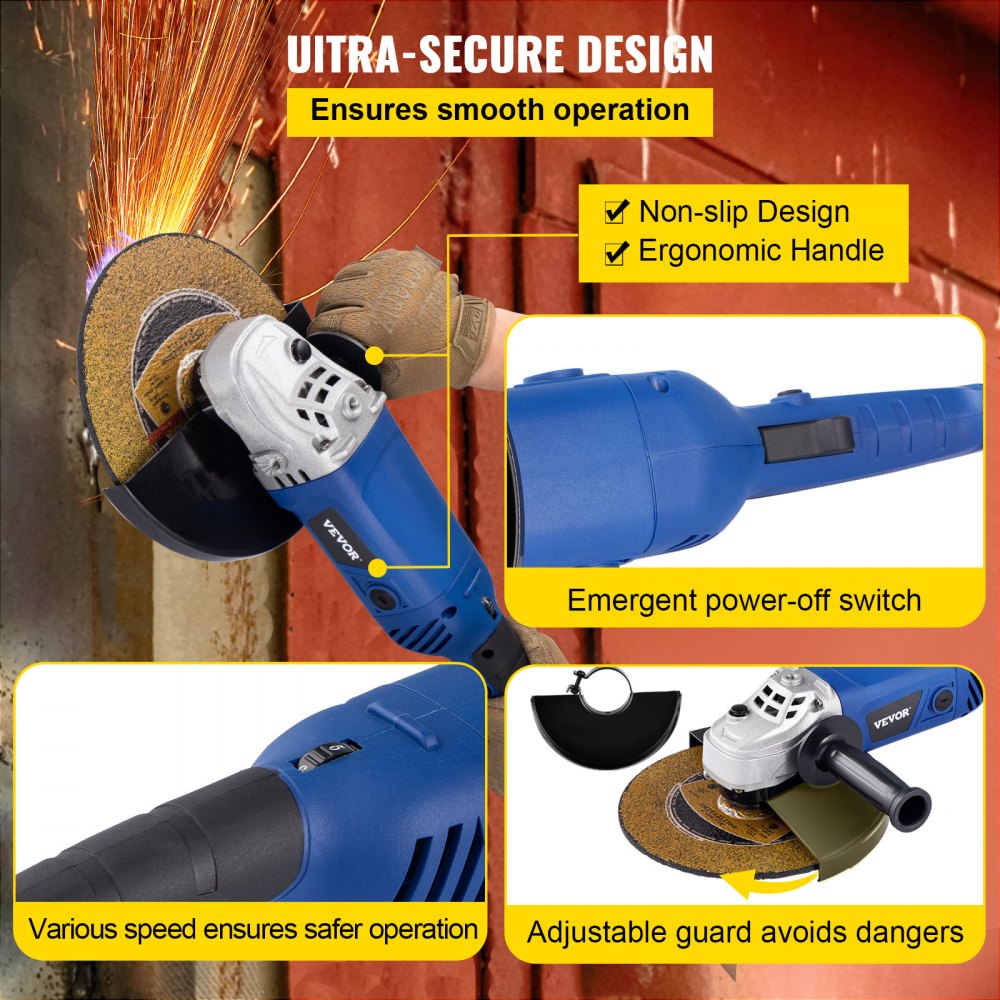 VEVOR Angle Grinder, 9 Inch Powerful Grinder Tool 15 Amp Power Grinder with Variable Speed and 360° Rotational Guard, 8000rpm Power Angle Grinders for Cutting and Grinding Metal, Stone, Wood, etc