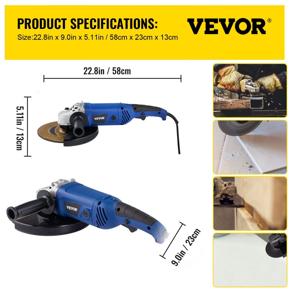 VEVOR Angle Grinder, 9 Inch Powerful Grinder Tool 15 Amp Power Grinder with Variable Speed and 360° Rotational Guard, 8000rpm Power Angle Grinders for Cutting and Grinding Metal, Stone, Wood, etc