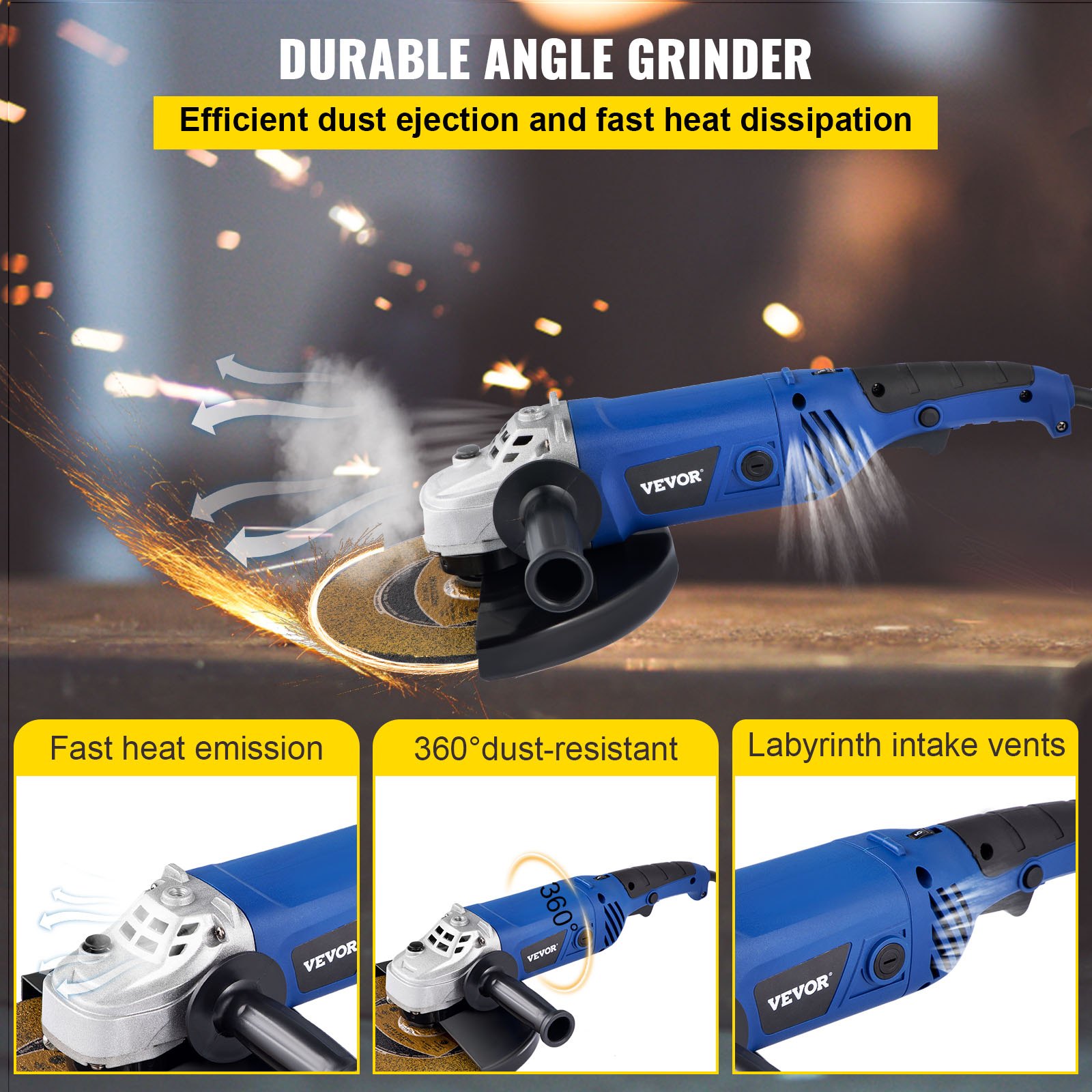 VEVOR Angle Grinder, 9 Inch Powerful Grinder Tool 15 Amp Power Grinder with Variable Speed and 360° Rotational Guard, 8000rpm Power Angle Grinders for Cutting and Grinding Metal, Stone, Wood, etc