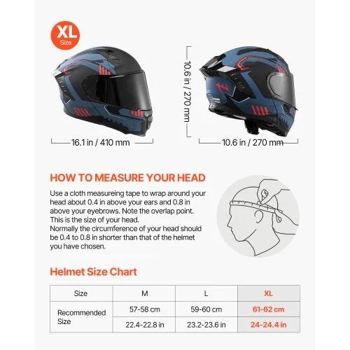 VEVOR Modular Motorcycle Helmet, Flip up Full Face Helmet with Dual Visor,  Lightweight Comfortable Adult Motocross Street Bike Helmet for Men and  Women - DOT & ECE Approved (XL Size) | VEVOR US
