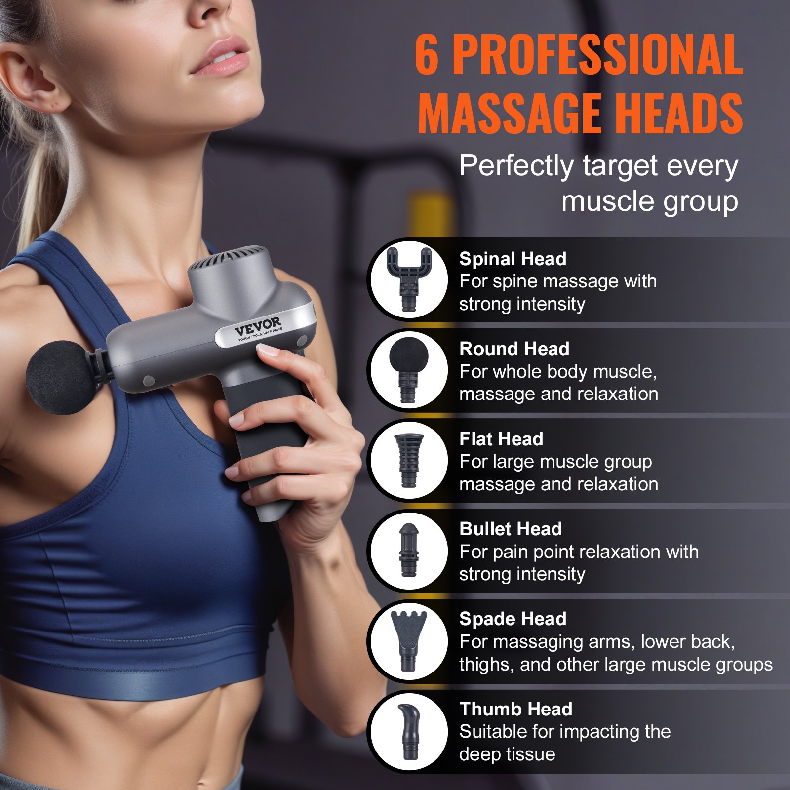 VEVOR Mini Massage Gun, Percussion Muscle Massage Gun for Athletes - with 5 Speed Levels & 6 Massage Heads, 7.4V 2500mAh Batteries, Handheld Small Massage Gun for Pain Relief, Muscle Relaxation