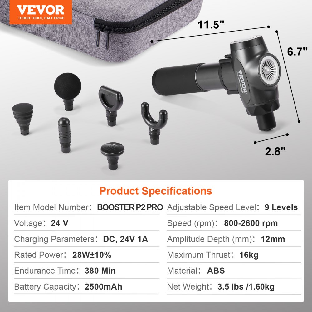 VEVOR Massage Gun Deep Tissue with 9 Speed Levels & 6 Massage Heads, 24V 2500mAh Batteries, Percussion Muscle Massager for Athletes, Handheld Electric Massage Gun for Pain Relief, Muscle Relaxation
