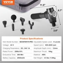 VEVOR Massage Gun Deep Tissue with 9 Speed Levels & 6 Massage Heads, 24V 2500mAh Batteries, Percussion Muscle Massager for Athletes, Handheld Electric Massage Gun for Pain Relief, Muscle Relaxation