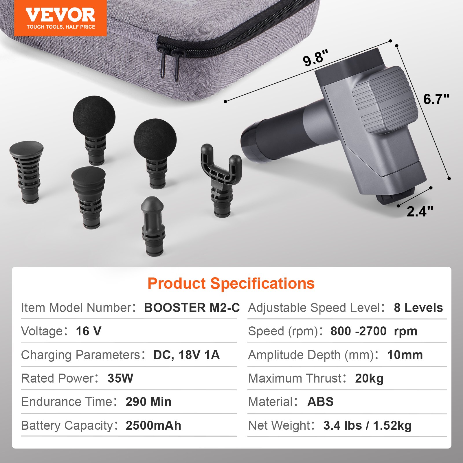 VEVOR Massage Gun Deep Tissue, Percussion Muscle Massager for Athletes - with 8 Speed Levels & 6 Massage Heads, 16V 2500mAh Batteries, Handheld Massage Gun for Pain Relief, Muscle Relaxation