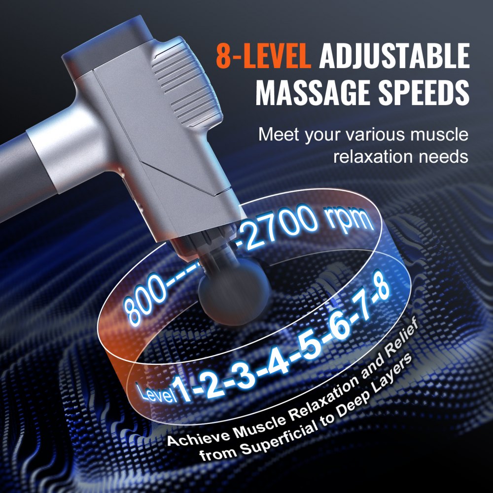 VEVOR Massage Gun Deep Tissue, Percussion Muscle Massager for Athletes - with 8 Speed Levels & 6 Massage Heads, 16V 2500mAh Batteries, Handheld Massage Gun for Pain Relief, Muscle Relaxation