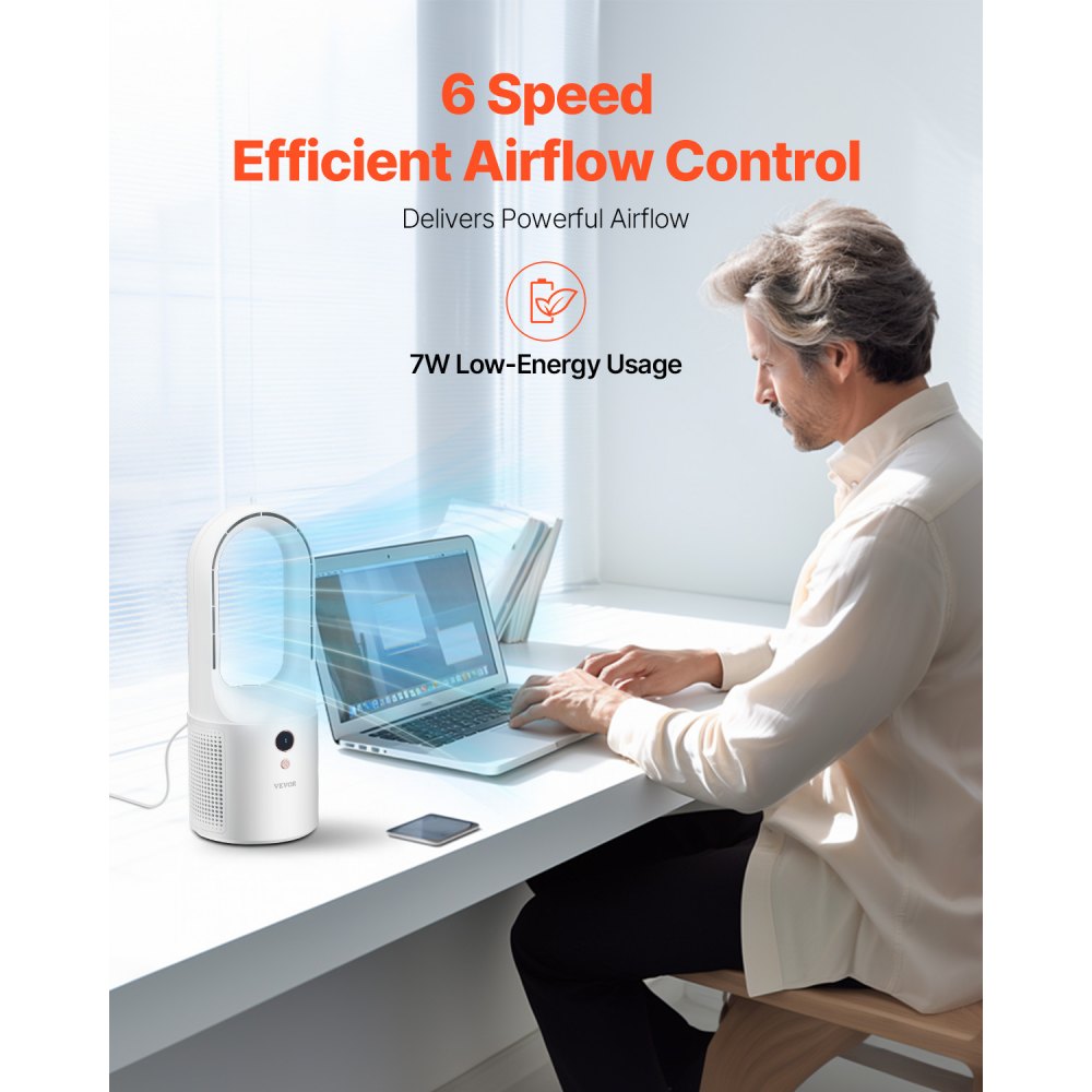 VEVOR Desk Fan Bladeless, 12.99 Inch Kids-Friendly Personal Portable Desk Fan, 6-Speed USB Quiet Cooling Small Tower Fan with Button Control, Blows Cold Air for Office, Home (Plug to Use, No Battery)