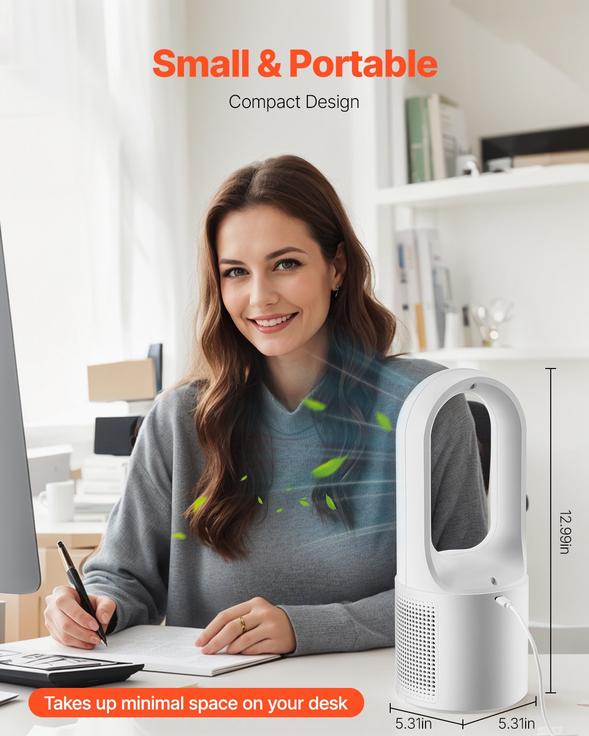 VEVOR Desk Fan Bladeless, 12.99 Inch Kids-Friendly Personal Portable Desk Fan, 6-Speed USB Quiet Cooling Small Tower Fan with Button Control, Blows Cold Air for Office, Home (Plug to Use, No Battery)