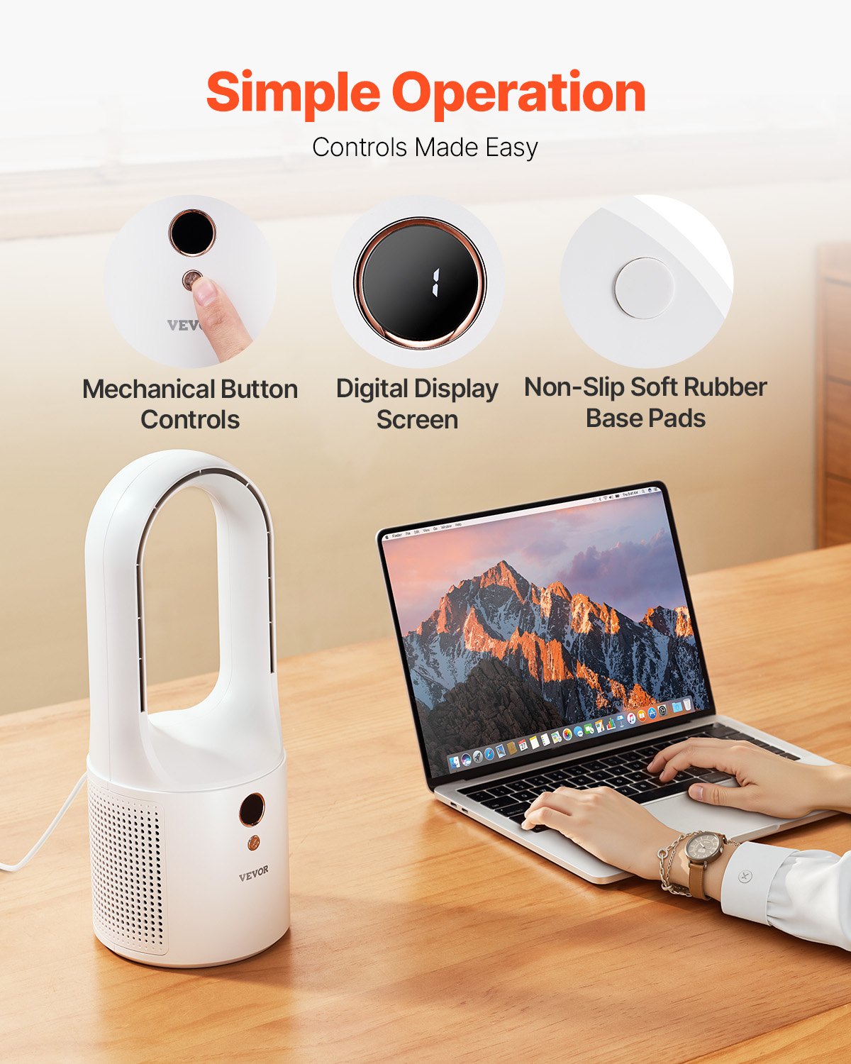 VEVOR Desk Fan Bladeless, 12.99 Inch Kids-Friendly Personal Portable Desk Fan, 6-Speed USB Quiet Cooling Small Tower Fan with Button Control, Blows Cold Air for Office, Home (Plug to Use, No Battery)